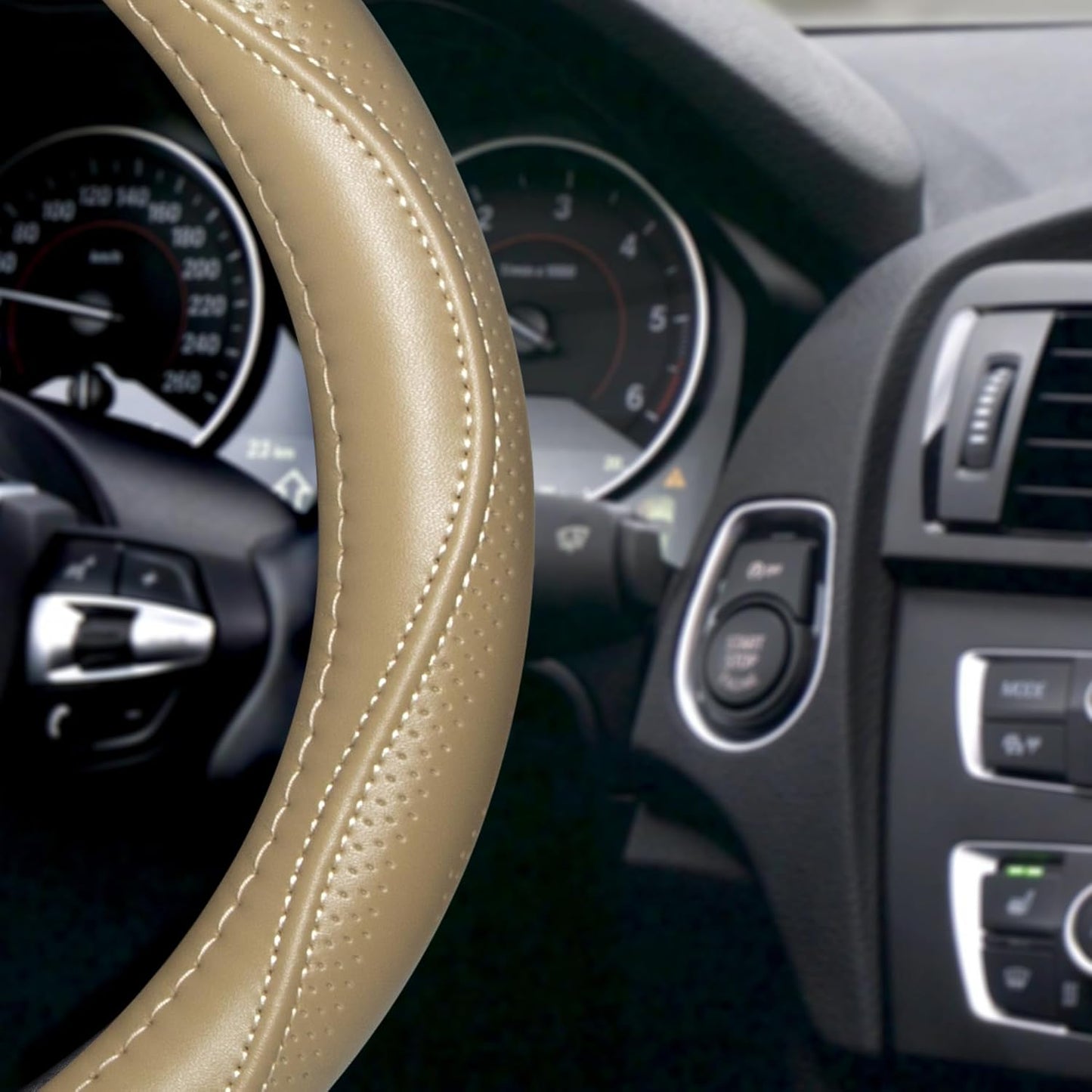 HAOKAY Top Grade Beige Genuine Leather Steering Wheel Cover Men Women, Luxury Steering Wheel Cover for Cars, SUVS and Trucks, Universal 14.5-15 inch