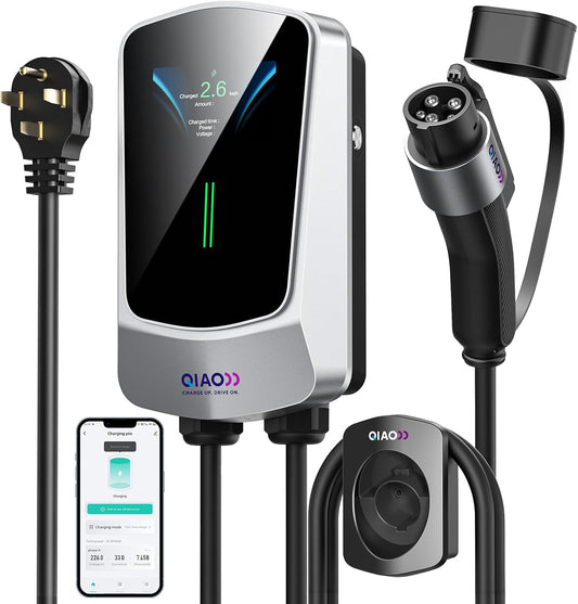 QIAO Level 2 EV Charger, Up to 40A Electric Car Charger, Wi-Fi Bluetooth APP Enabled EVSE, 4.3in Display, 25ft Cable, NEMA 14-50 Plug Charge Station Compatible with All SAE J1772 EV Models White
