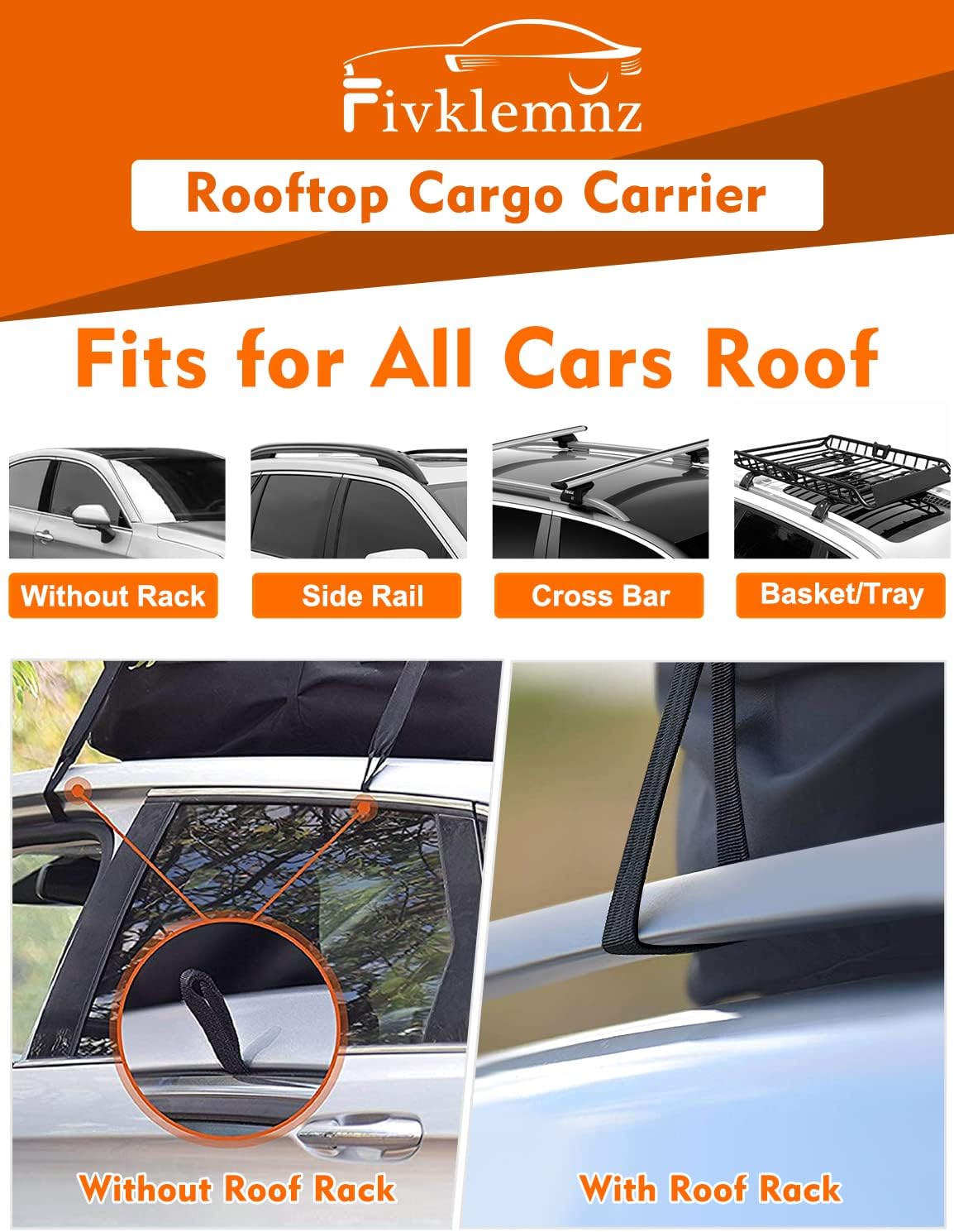FIVKLEMNZ Car Rooftop Cargo Carrier Roof Bag Waterproof for All Top of Vehicle with/Without Rack Includes Topper Anti-Slip Mat + Reinforced Straps + 6 Door Hooks + Luggage Lock