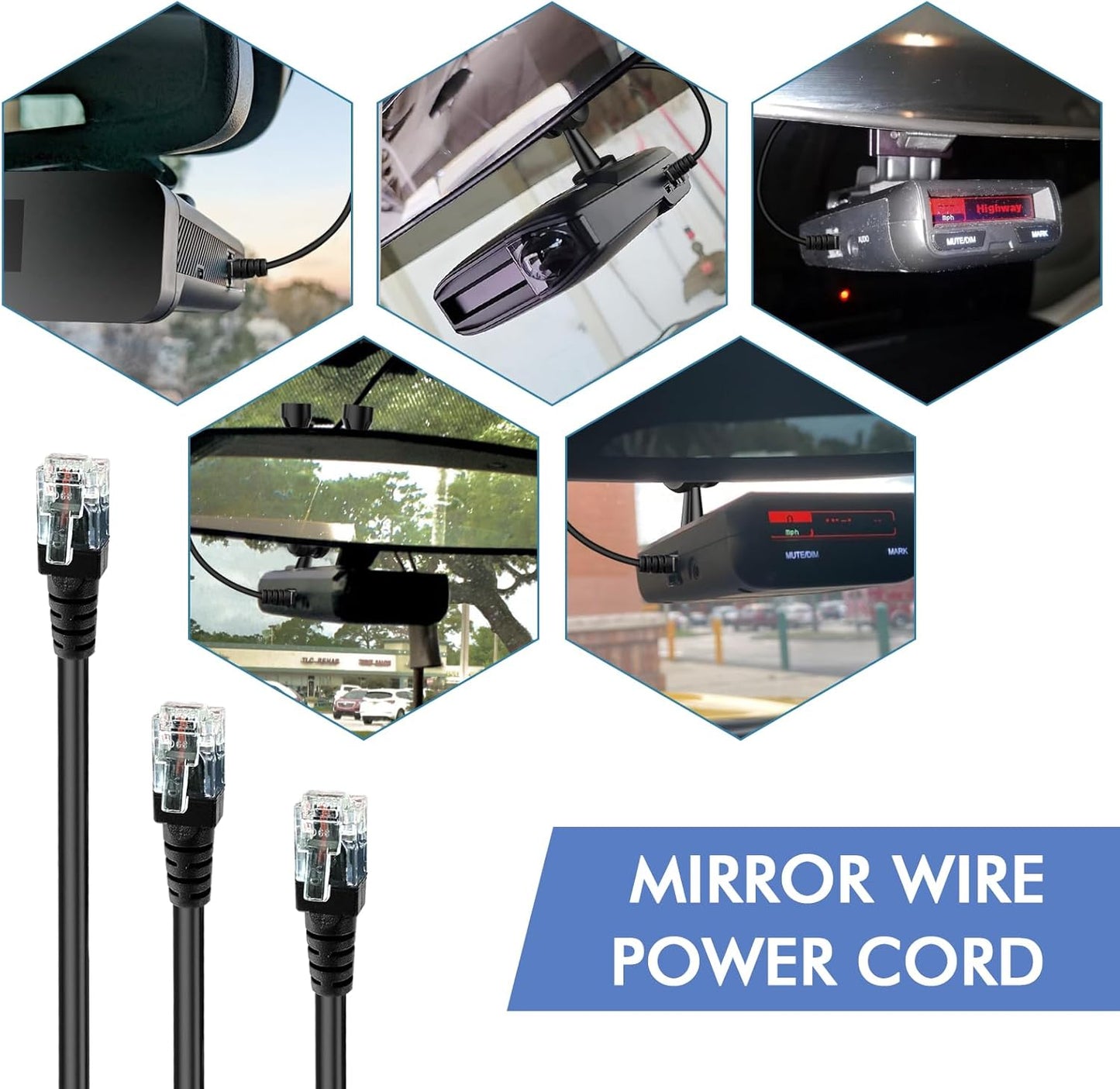 Radar Detector Hardwire Power Cord, Rearview Mirror Plug Cable, with Inline Fuse Holder,Suitable for Escort Beltronics Valentine One Cobra Whistler Radar Detector,3-Piece Set,17.7'' (RJ11)