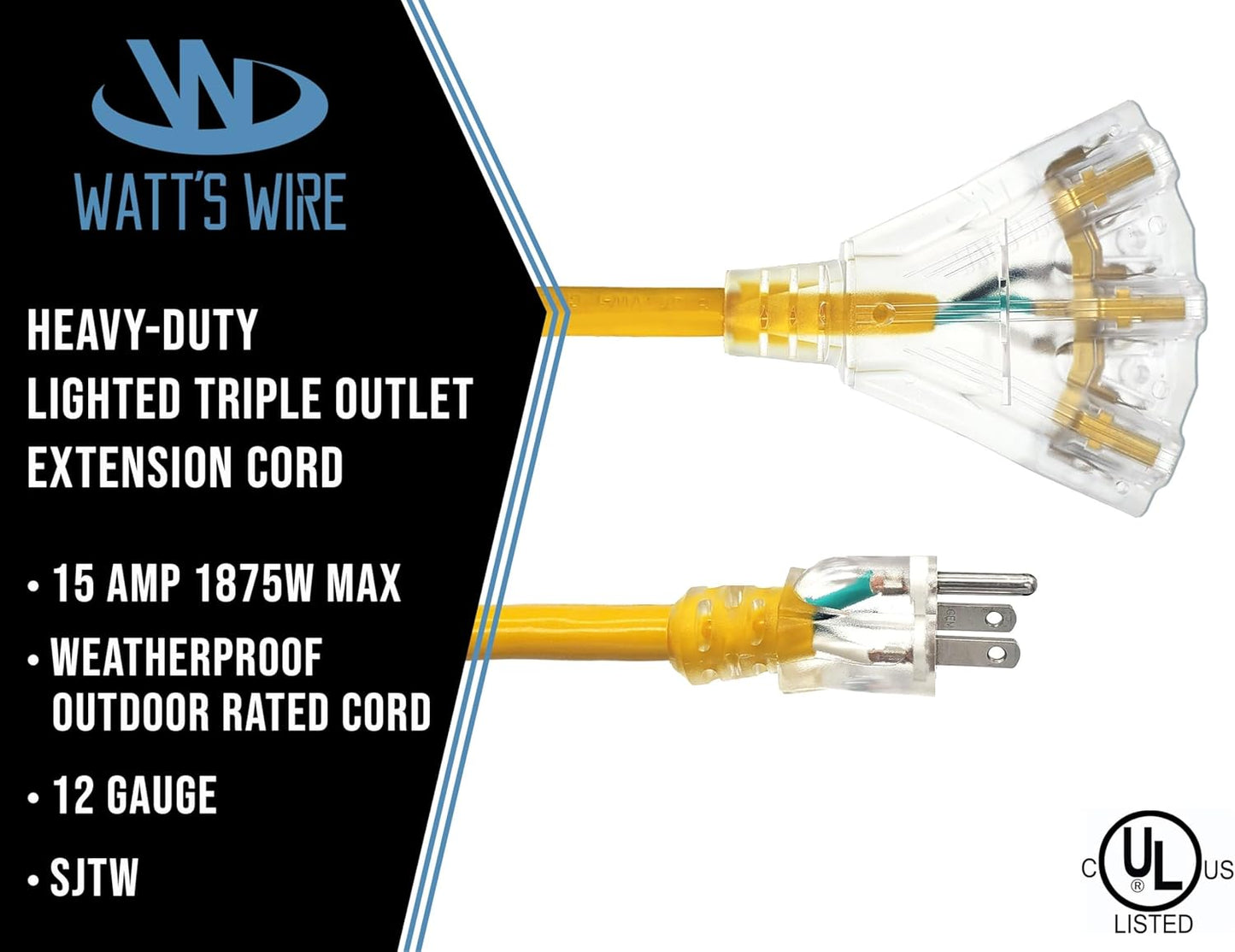 50 ft - 12 Gauge Heavy Duty Extension Cord - 3 Outlet Lighted SJTW - Indoor/Outdoor Extension_Cord by Watt's Wire - 50' 12-Gauge Grounded 15 Amp ExtensionCord