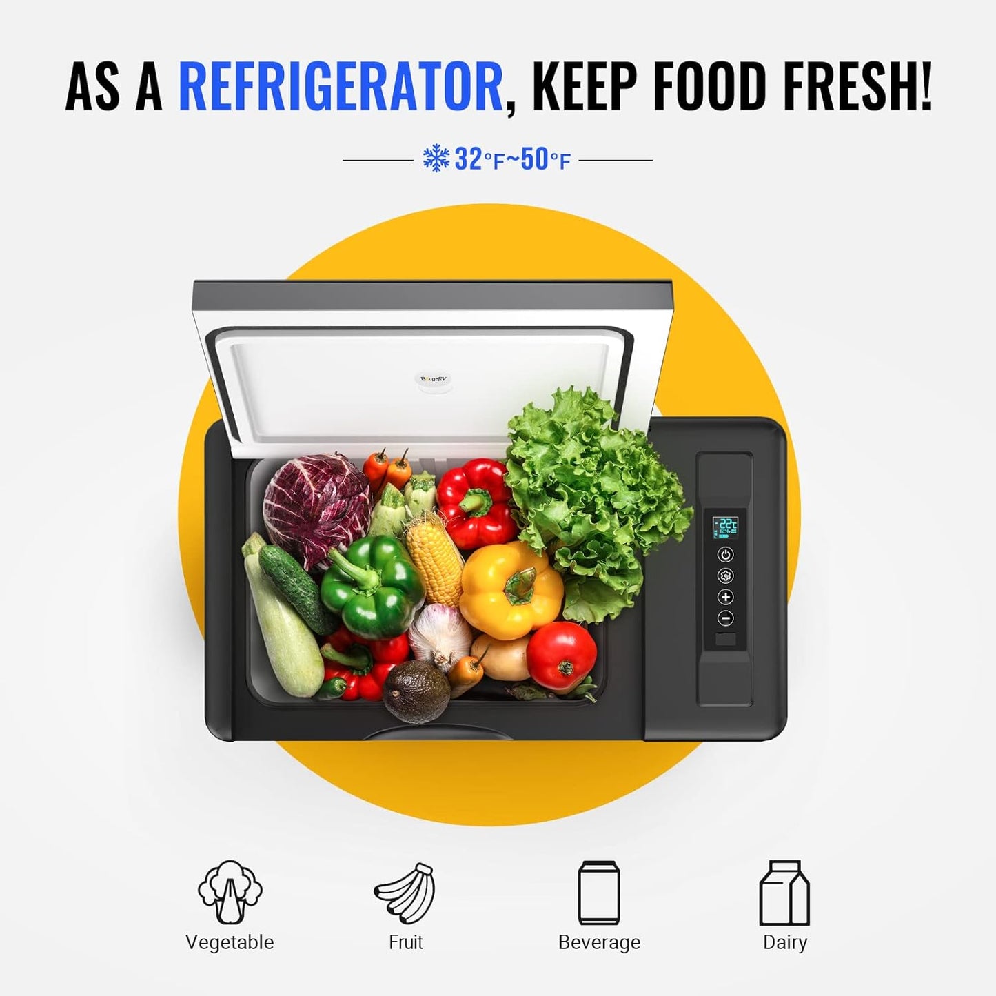 BougeRV 12 Volt Refrigerator 12V Car Fridge 23 Quart Portable Freezer Compressor Cooler 12/24V DC 110~240V AC for Truck Van RV SUV Boat Travel Camping Road Trips Tailgating -8℉~50℉ (Black)