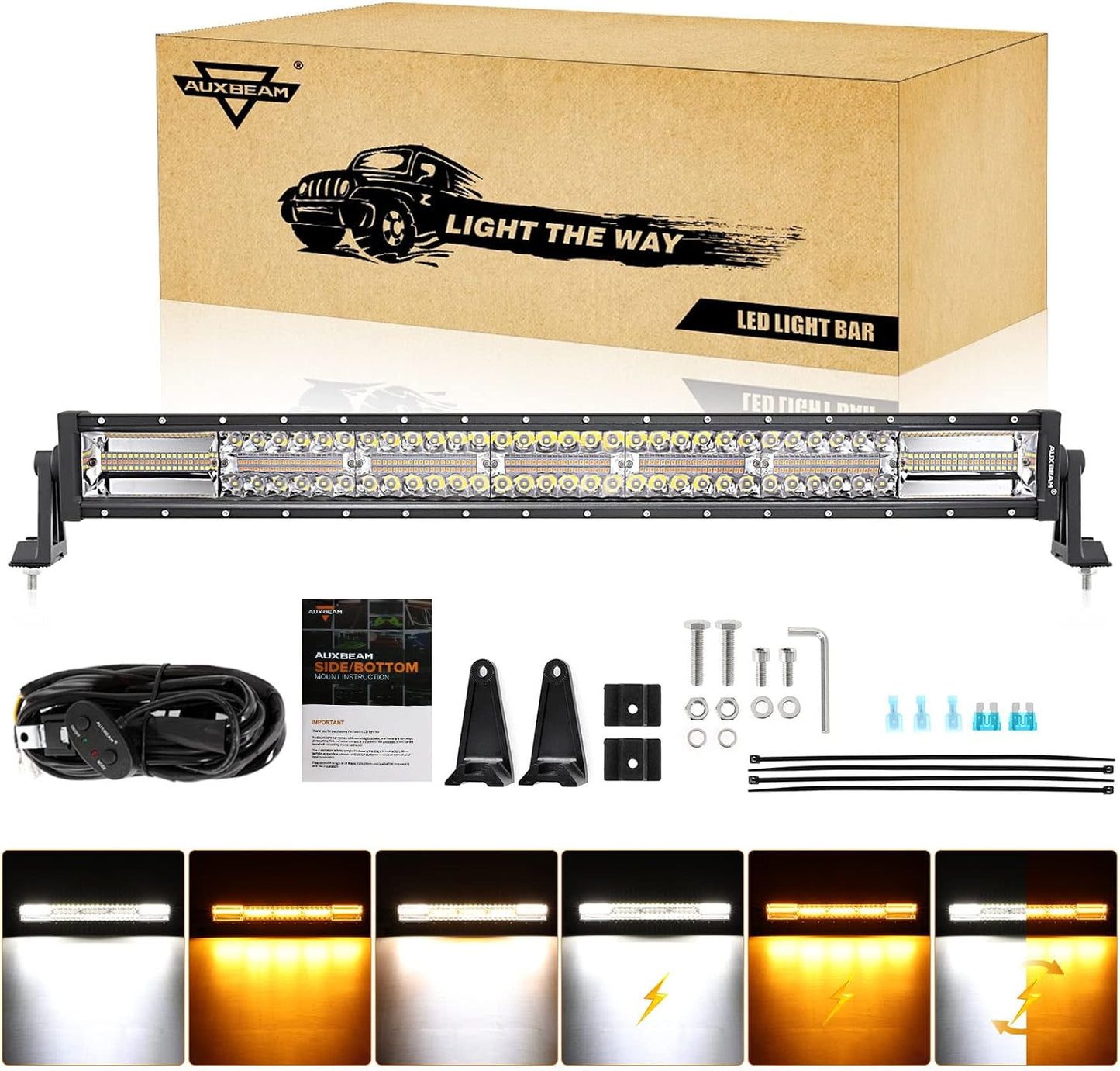 Auxbeam 30 Inch 180W LED Light Bar, 6 Modes Spot Flood Combo Offroad Lighting Amber White Strobe Fog Light, Memory Reset Function Waterproof Driving Work Light with 10FT Wiring Harness Kit