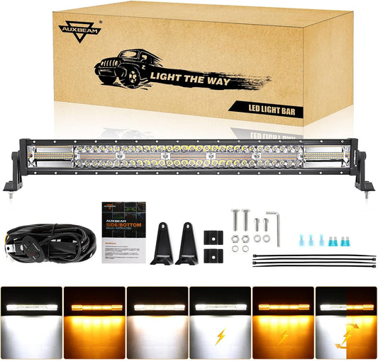 Auxbeam 30 Inch 180W LED Light Bar, 6 Modes Spot Flood Combo Offroad Lighting Amber White Strobe Fog Light, Memory Reset Function Waterproof Driving Work Light with 10FT Wiring Harness Kit