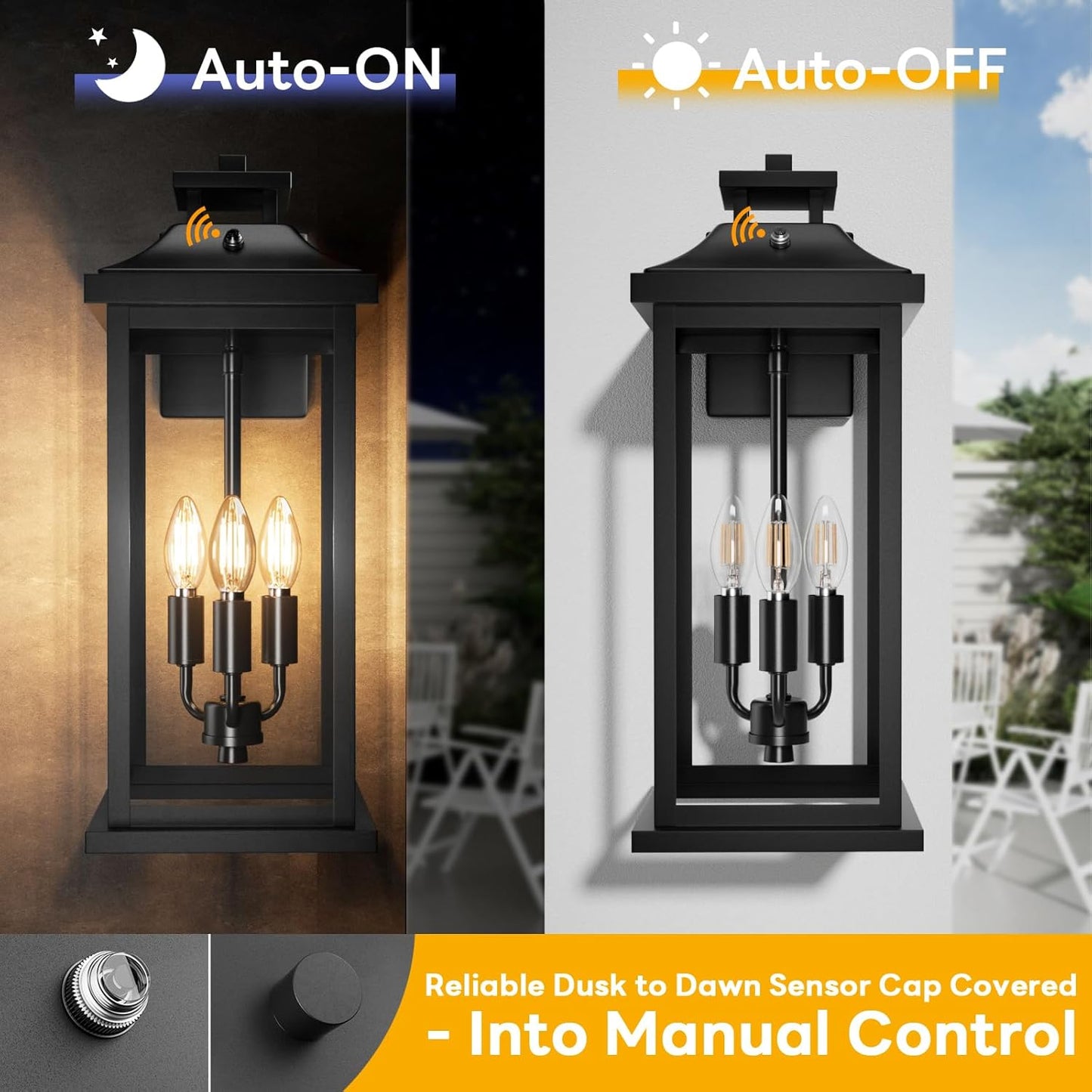 20" Large Dusk to Dawn Outdoor Lights 3-Light, 2 Pack Black Modern Exterior Lighting Fixtures Photocell Sensor Outside Porch Lights Wall Mount, Waterproof Patio Exterior Sconce Lamps E12