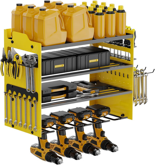 Power Tool Organizer Wall Mount with 4-Drill Holders-400Lbs Load Heavy Duty Metal 4-Layers Garage Storage and Organization Adjustable Battery Tools Rack Utility Racks Gifts for Men