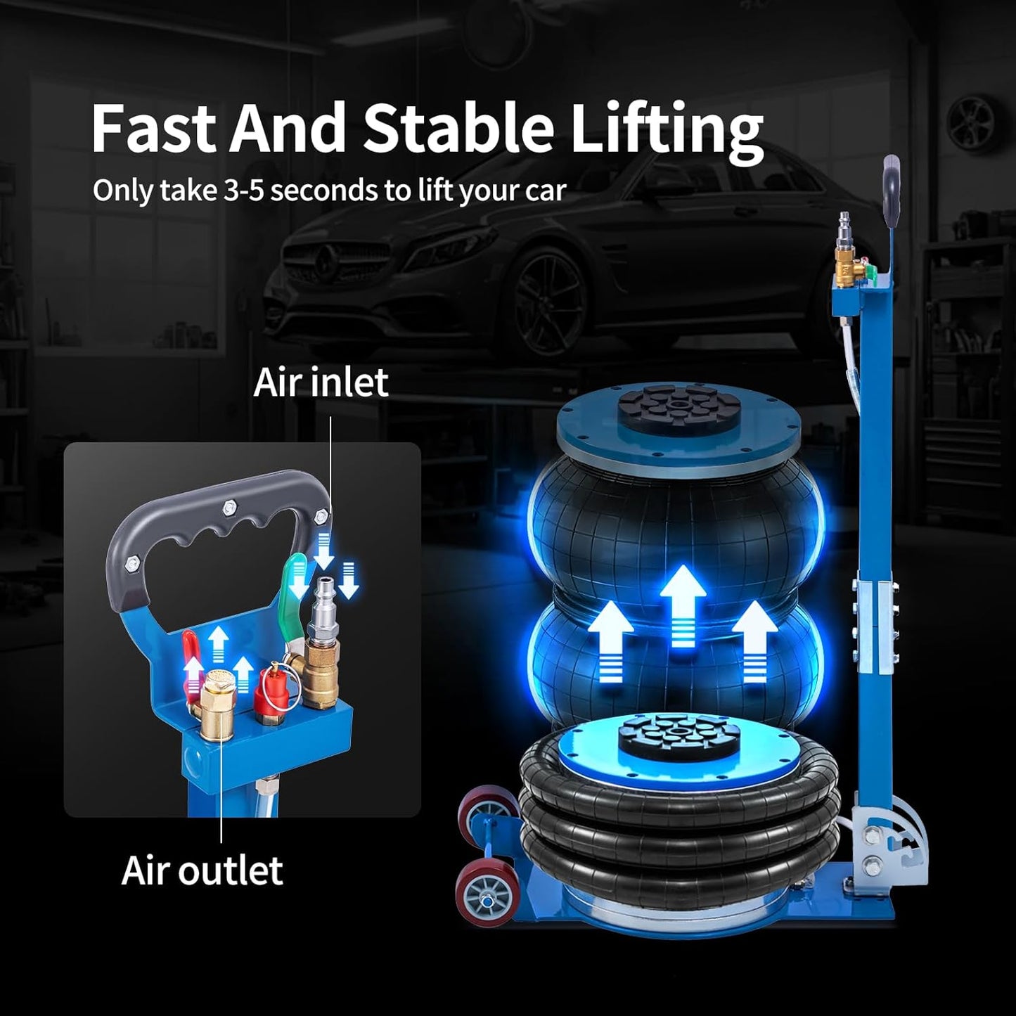 CXRCY 5 Ton Air Jack for Cars & Trucks - 11000LBS Capacity Pneumatic Airbag Jack with Adjustable Long Handle, Fast Lifting up to 16 Inch for Cars,Trucks (Blue Triple Bag Air Jack)