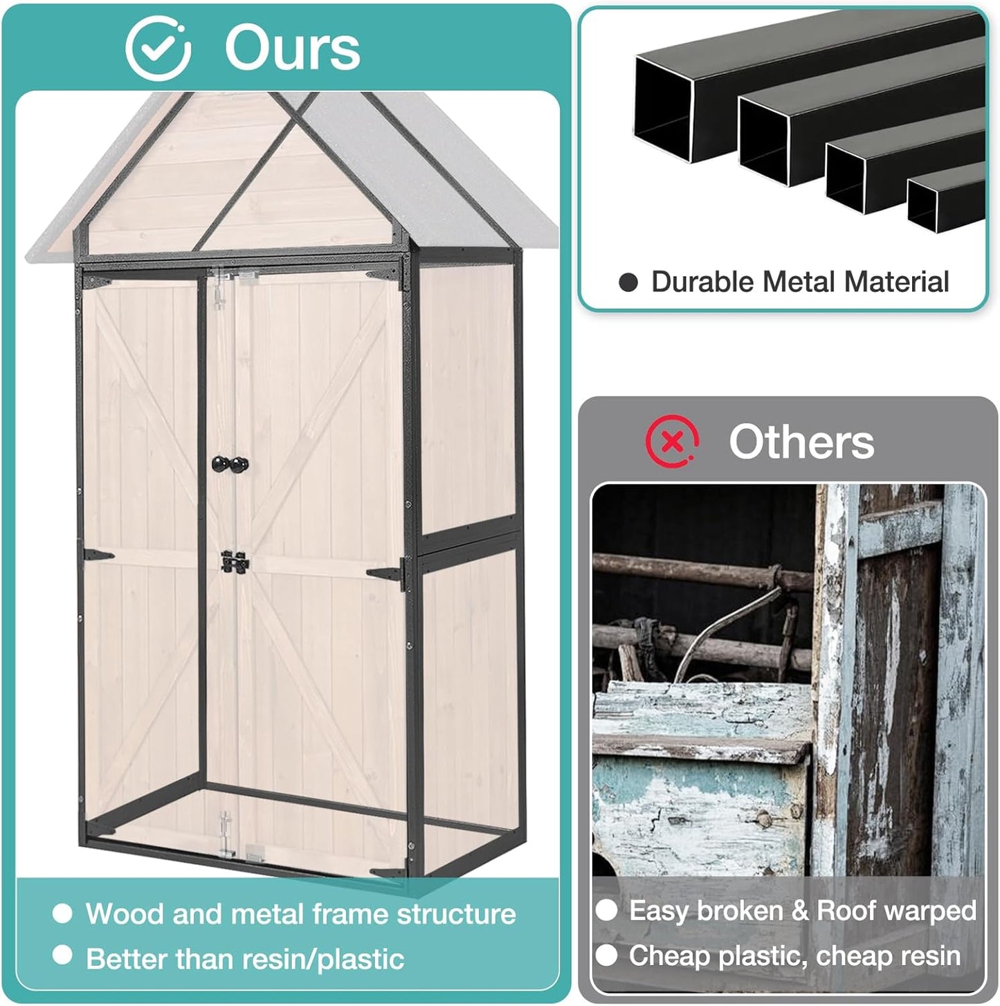 Outdoor Storage Shed with Sloped Roof - Heavy-Duty Metal & Wood Garden Cabinet, Adjustable Shelves, Large Capacity Waterproof Design for Patio, Garage, Backyard (Brown)