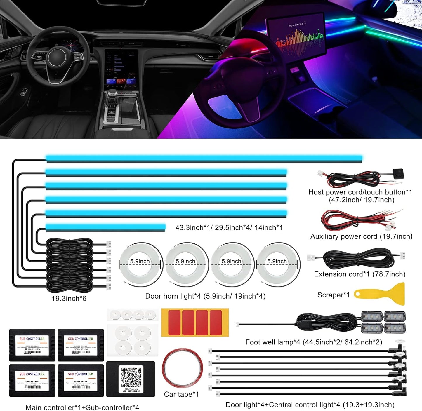 Acrylic Interior Car LED Strip Light with Wireless APP, RGB 22 in 1 with 175 inches 593 LEDs Fiber Optic Ambient Lighting Kits, 16 Million Colors Sound Active Function Car Neon Lights