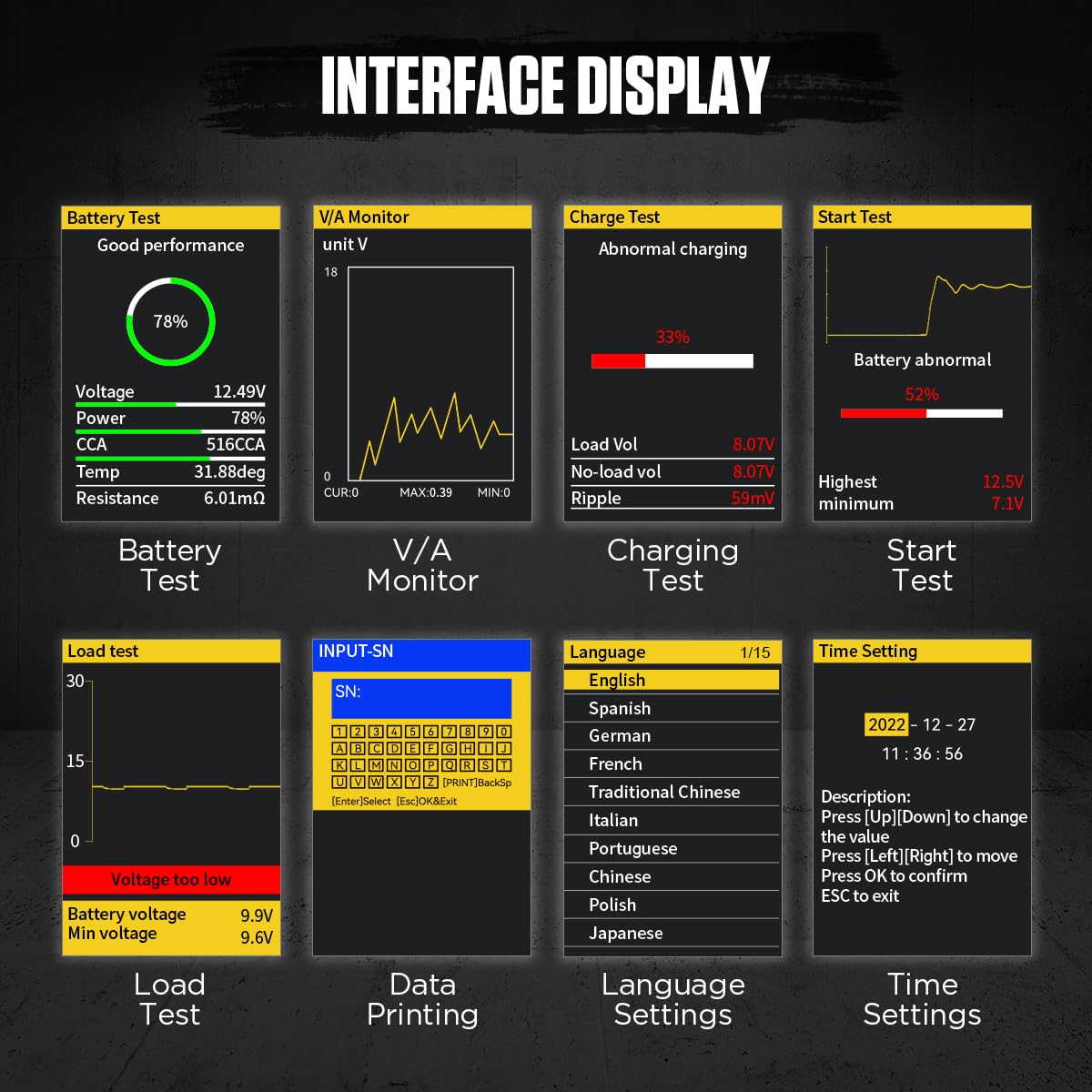Car Battery Tester 12V/24V Digital Automotive Batteries & Alternator Diagnostic Tool, 20-2000 CCA Load Capacity Charging Cranking System Tester for Truck Marine Motorcycle SUV Boat (Built-in Printer)