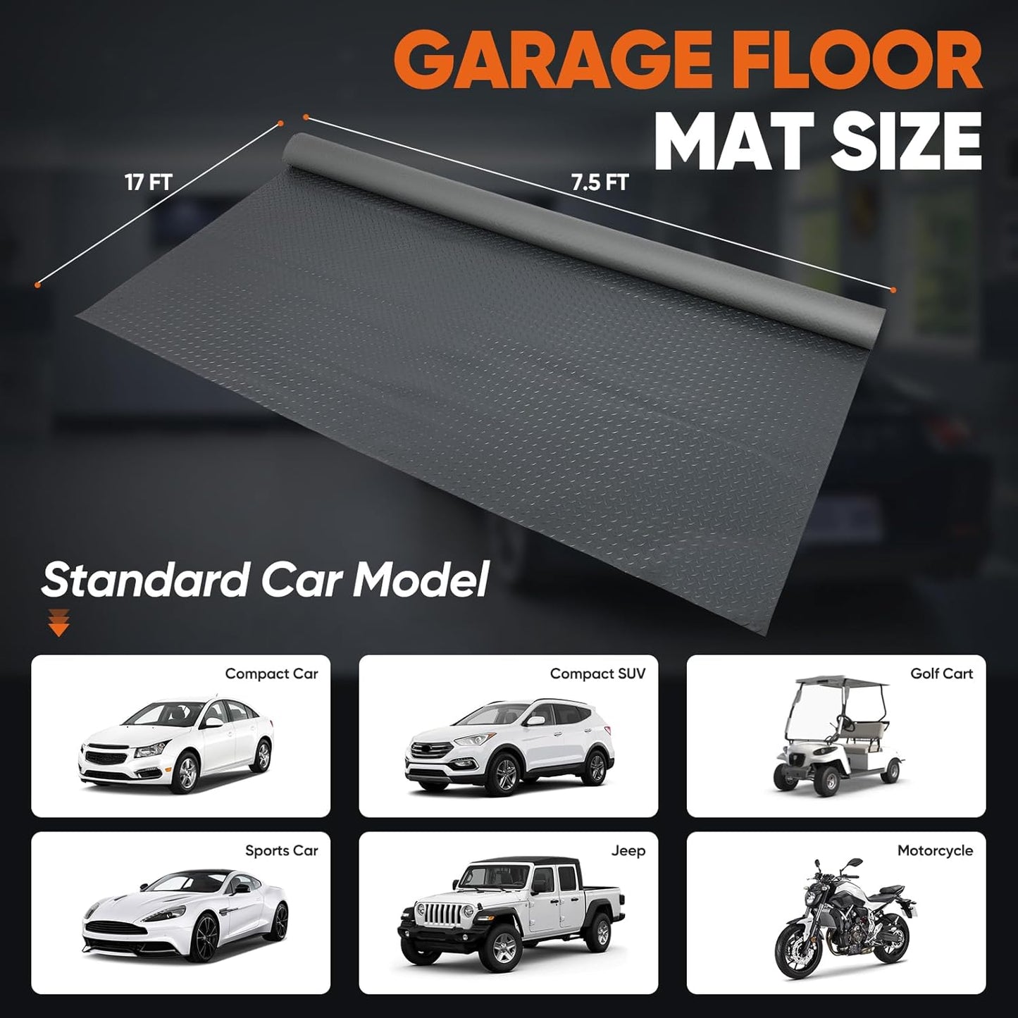 FAHKNS 7.5 X 17 FT Garage Floor Mat, Diamond Plate PVC Flooring Roll Thickened Garage Mats, Heavy Duty Parking Mat Waterproof Non-Slip Floor Protector For Car, Trailer, SUV, Basement, Gym, Shed (Grey)