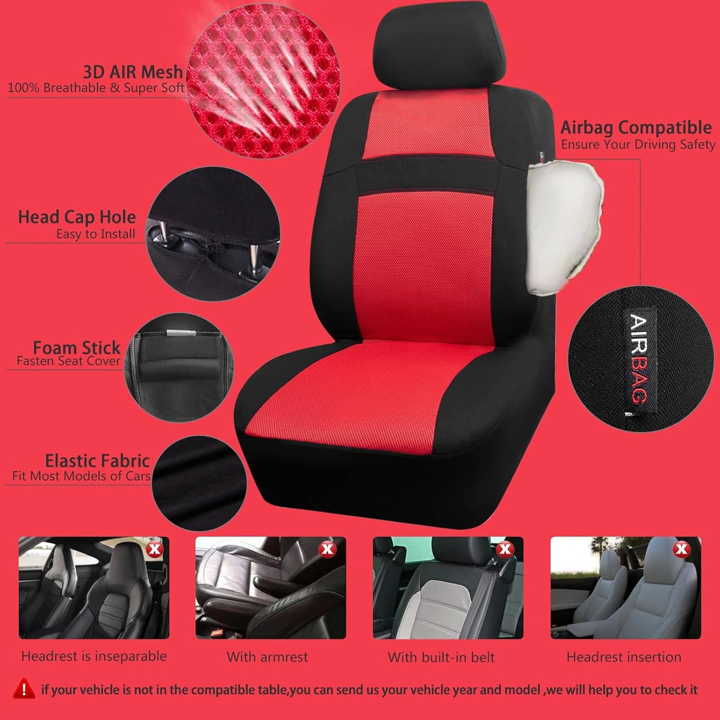 CAR PASS 3D Air Mesh Car Seat Covers Full Sets w/5mm Sponge, 4Pcs Waterproof Car Floor Mats, Steering Wheel Cover Universal Fit for SUV Sedan Truck, Airbag Compatible Automotive Interior(Black & red)