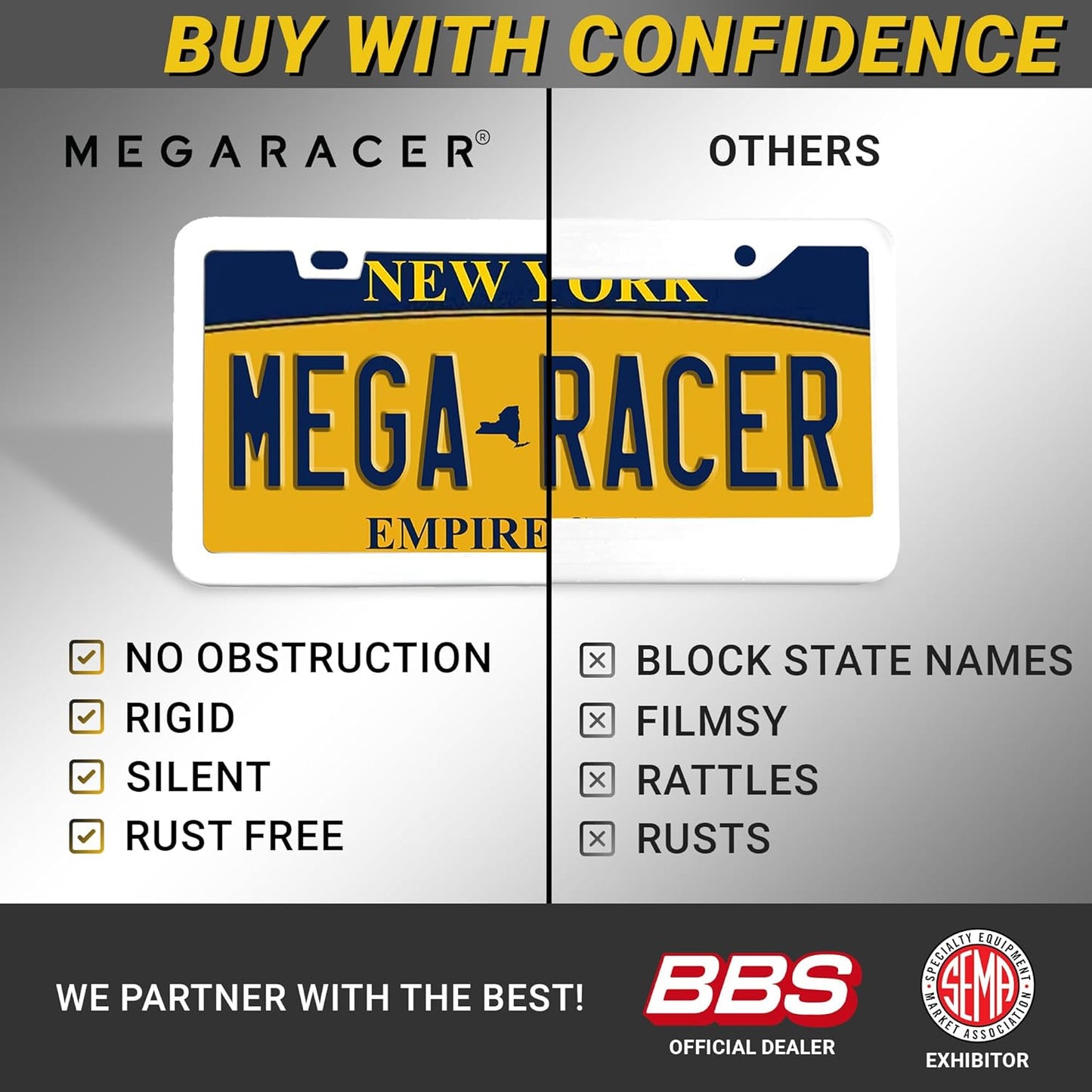 Premium Slim Sleek White License Plate Frame – 1 Pack, Rust-Free & Rattle-Free Stainless Steel, Street Legal, Universal with Screw Covers, Thin Edged Metal Front or Rear Car Tag Holder for Men & Women