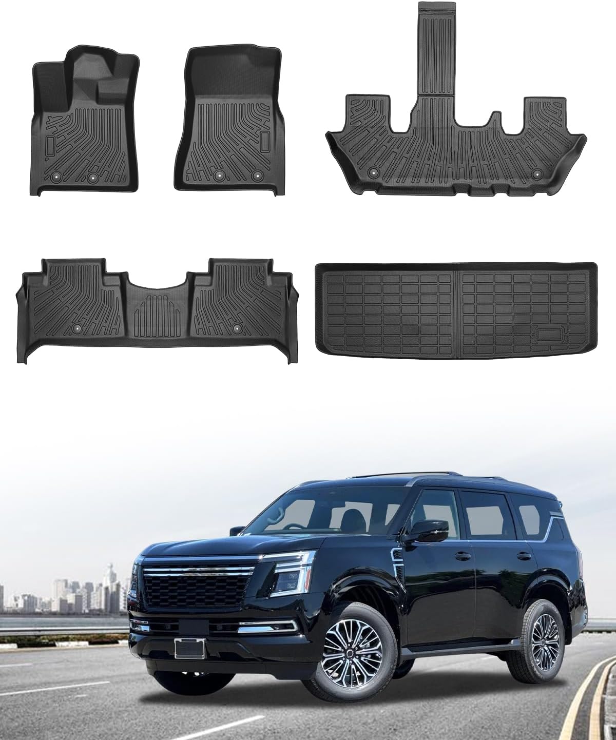 Icyhaws® Floor Mats & Cargo Liner for Nissan Armada/Infiniti QX80 2025 7 Seats, All-Weather TPE Waterproof Carpet Car Liner Anti-Slip Tech Front/Rear/Third Row Automotive Accessories for Nissan/QX80