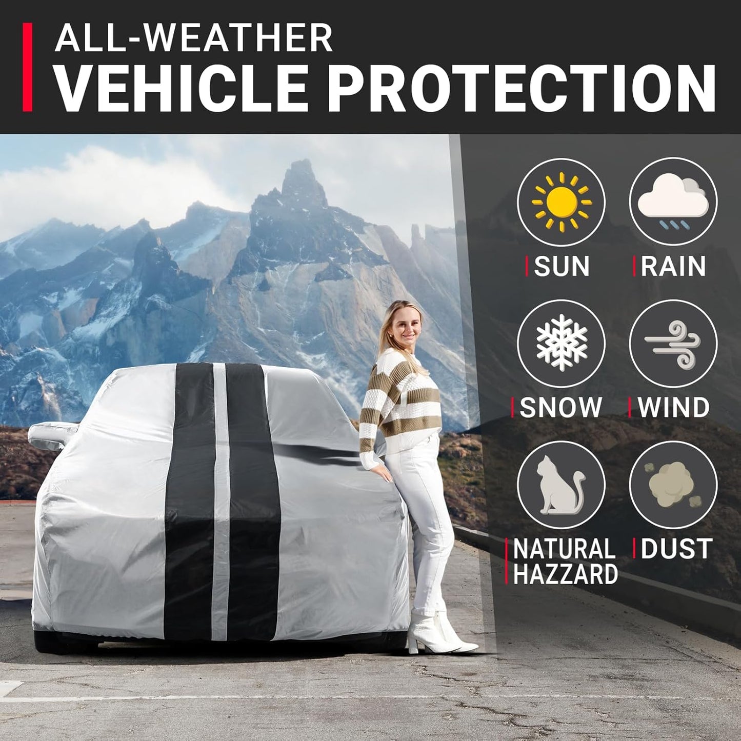 iCarCover Custom Car Cover for Chevy Caprice Sedan (2011-2017) Waterproof All Weather Rain Snow UV Sun Protector Full Exterior Indoor Outdoor Car Cover (Stripe - Gray/Black)