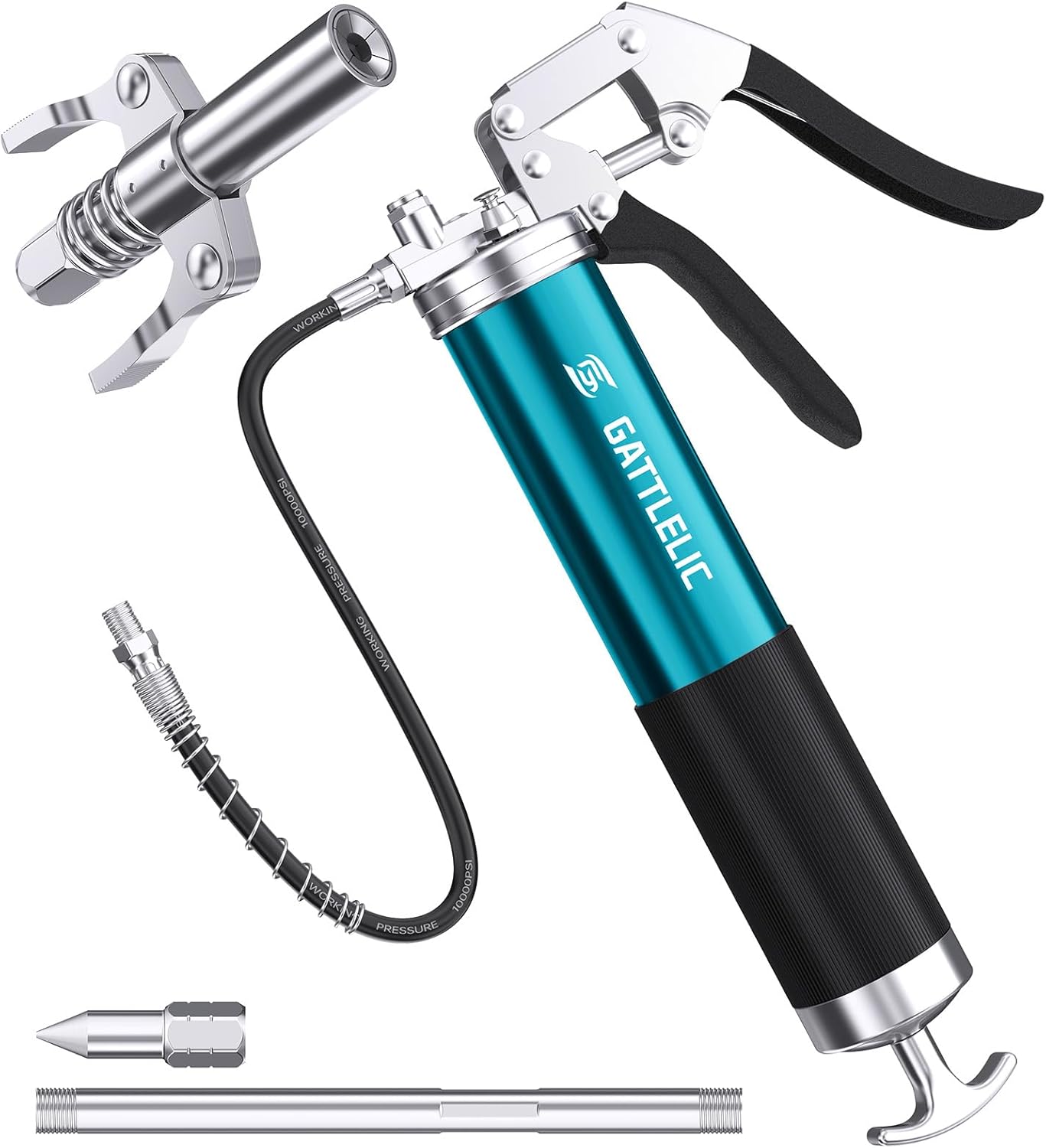 8000 PSI Heavy Duty Grease Gun Kit - 14oz with Flex Hose, Sharp Nozzle, Extension Pipe & Coupler, Blue