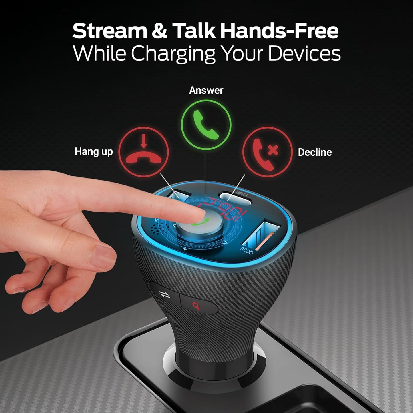 Monster Bluetooth FM Transmitter for Car Cigarette Lighter with 20W QC3.0 USB A & USB C PD Charger, Bass Boost Button, Flash Drive Port, Google Voice & Siri Compatible, Hands-Free Calls, Microphone