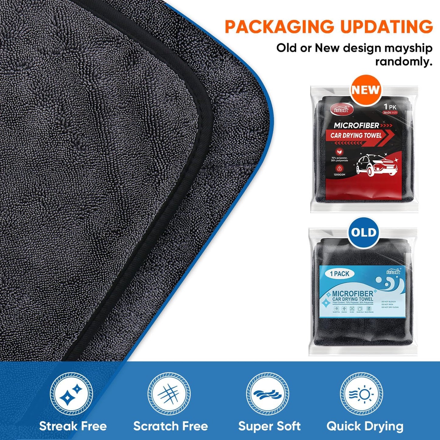 HOMEXCEL Car Drying Towel (36"x 24"), 1200GSM Ultra Absorbent Car Cleaning Cloth, Streak-Free Microfiber Drying Towel, Great for Cars, Trucks, SUVs, RVs, Motorcycles