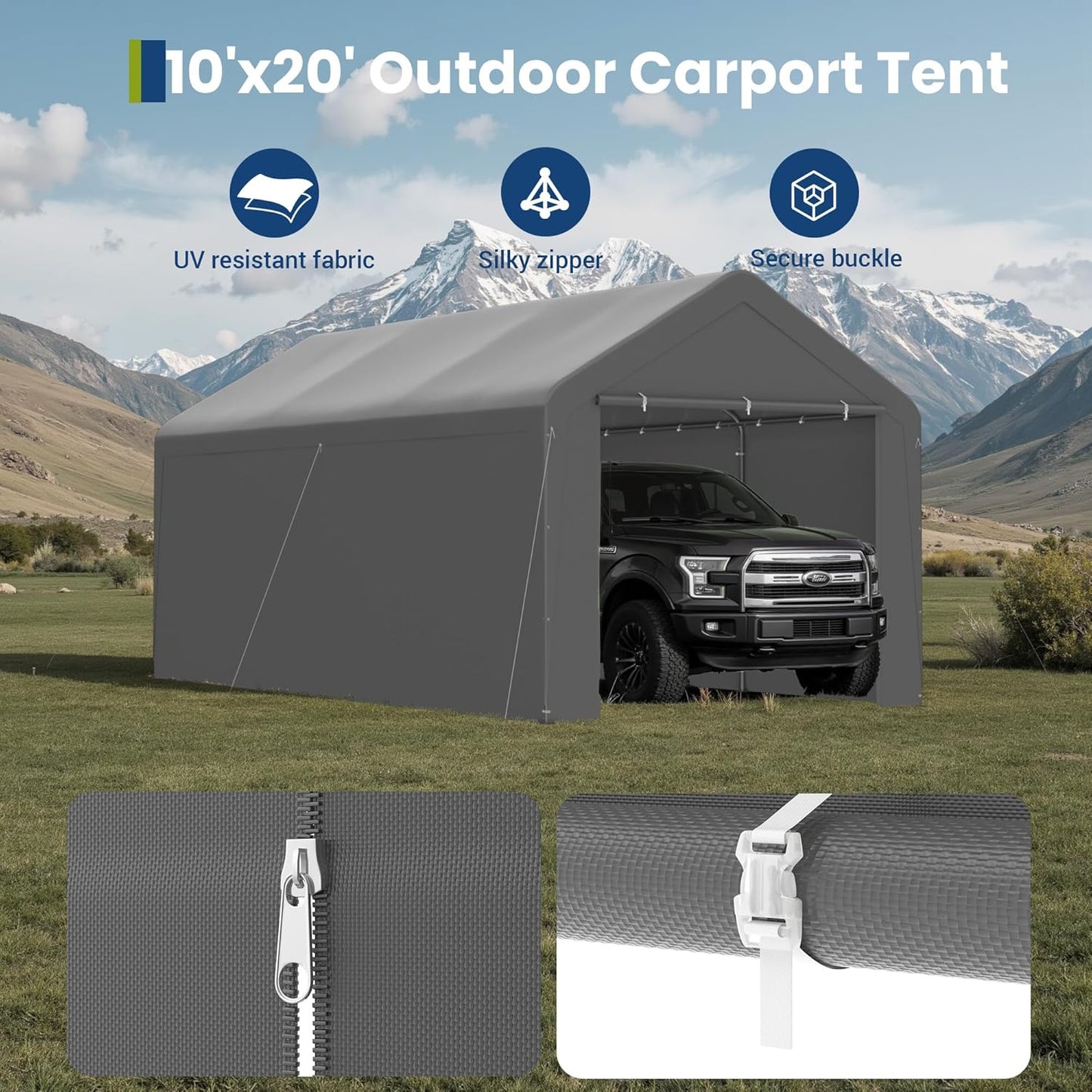 GOJOOASIS 10x20 Carport Heavy Duty Portable Garage Shelter Metal Car Canopy Tent with UV-Resistant & Weatherproof Top Cover for RV & Vehicles (Gray, 10x20 with sidewalls)