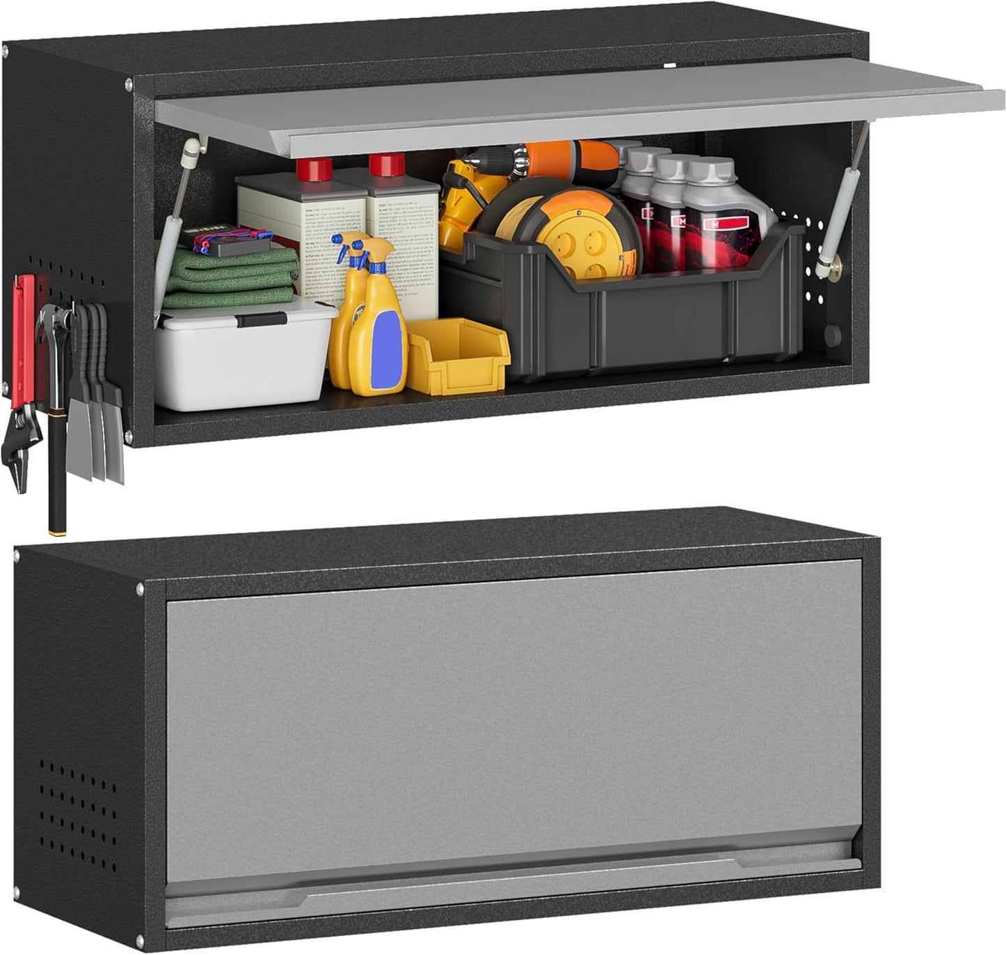 Metal Garage Wall Cabinet with Up-Flip Door,Wall-Mounted Steel Storage Cabinet, Float Tool Cabinet with Pegboard,Upper Cabinet for Kitchen,Garage,Workshop,Warehouse(13.8" H,Black&Gray)