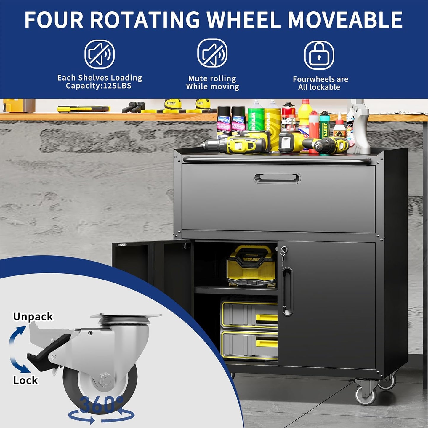 Metal Garage Storage Cabinet with Wheels,Locking Rolling Tool Cabinet with Drawers and Shelves for Home, Office, Garage & Workshop