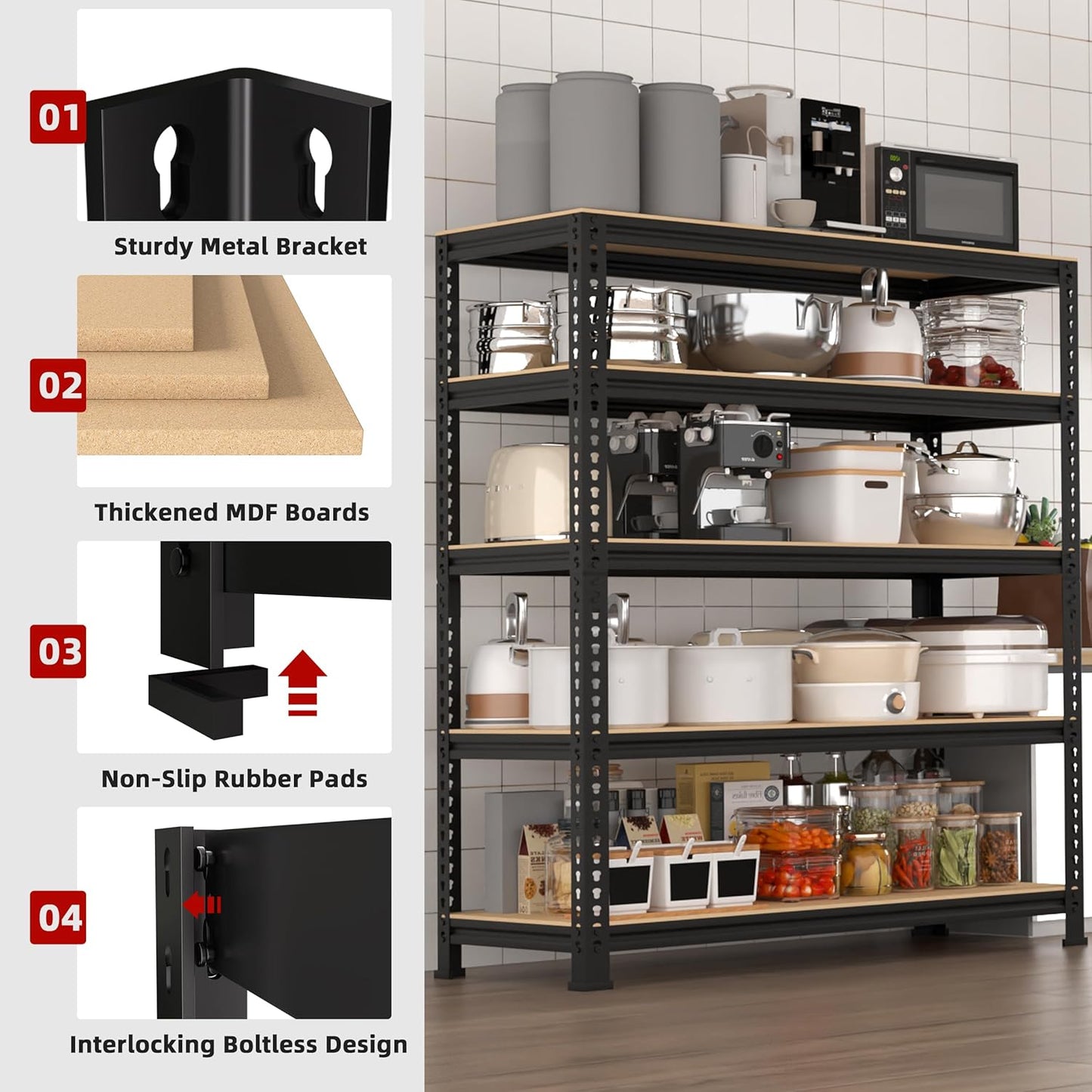 5-Shelf Heavy Duty Shelving - Adjustable Garage Storage Shelves, Metal Utility Storage Racks for Warehouse Pantry Basement Kitchen, Garage Organizers Shef Unit, Black, Packs of 2