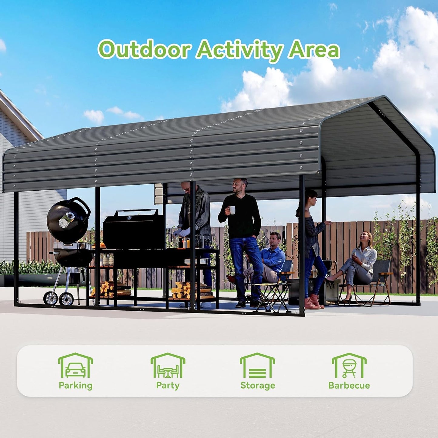 Real Relax 10x15FT Heavy Duty Metal Carport, Outdoor Carport Canopy with Galvanized Steel Roof and Reinforced Base for All-Weather, Garage Shelter Shade for Trucks, Boats, Party, Gray