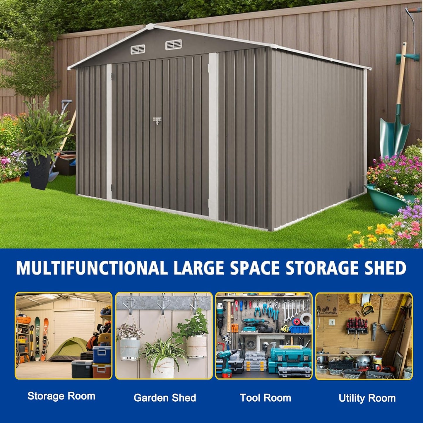 10x8 FT Outdoor Storage Shed,Metal Shed W/Window,Garden Storage Shed W/Lockable Door,All Weather Waterproof Tool House W/ 4 Air Vents & Sloped Roof,for Backyard,Patio,Lawn,Gray