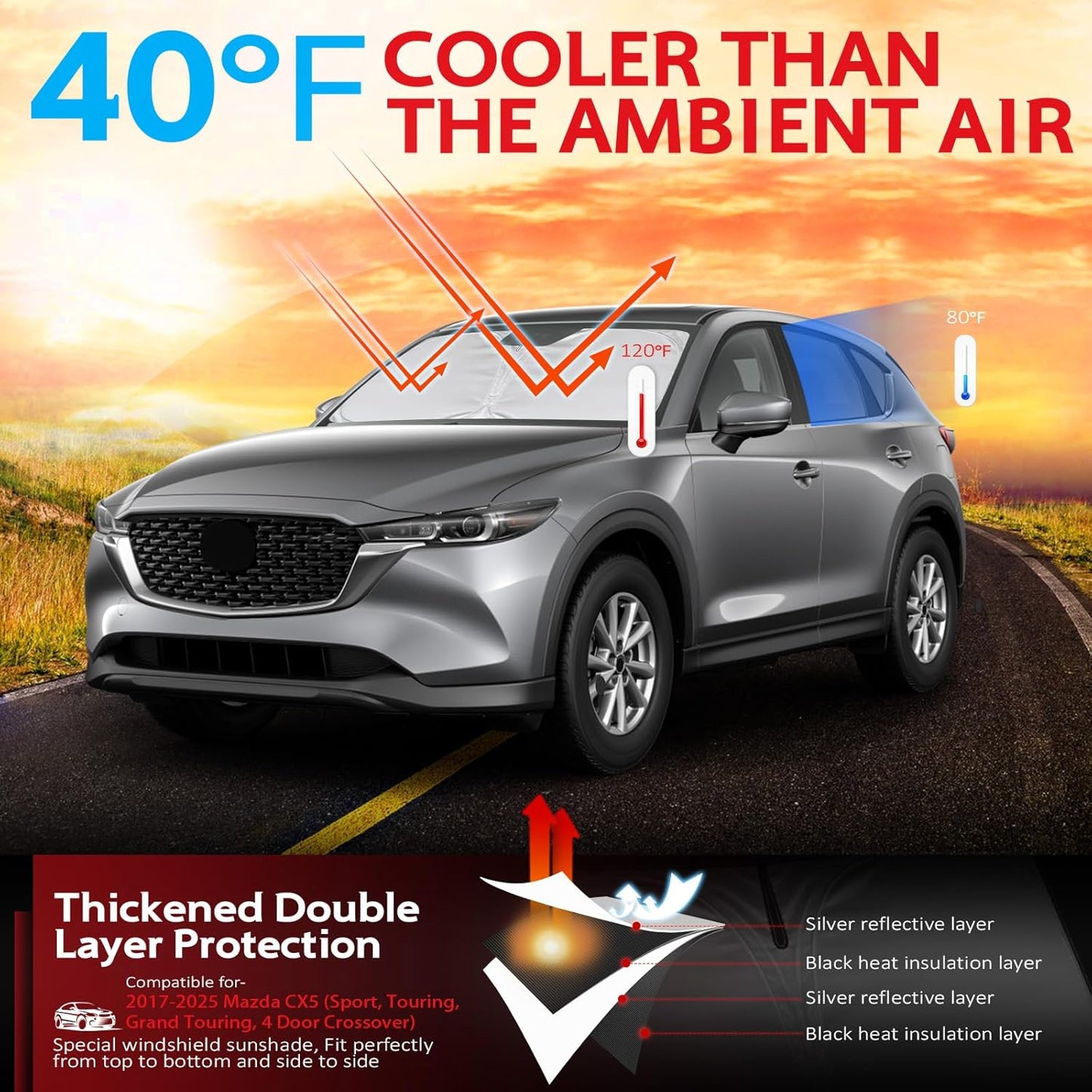 KAYZT Windshield Sun Shade for Mazda CX5 2017-2025 Foldable Sunshade CX-5 Sport, Touring, Grand Touring, 4 Door Crossover Front Window Custom Fit Accessories