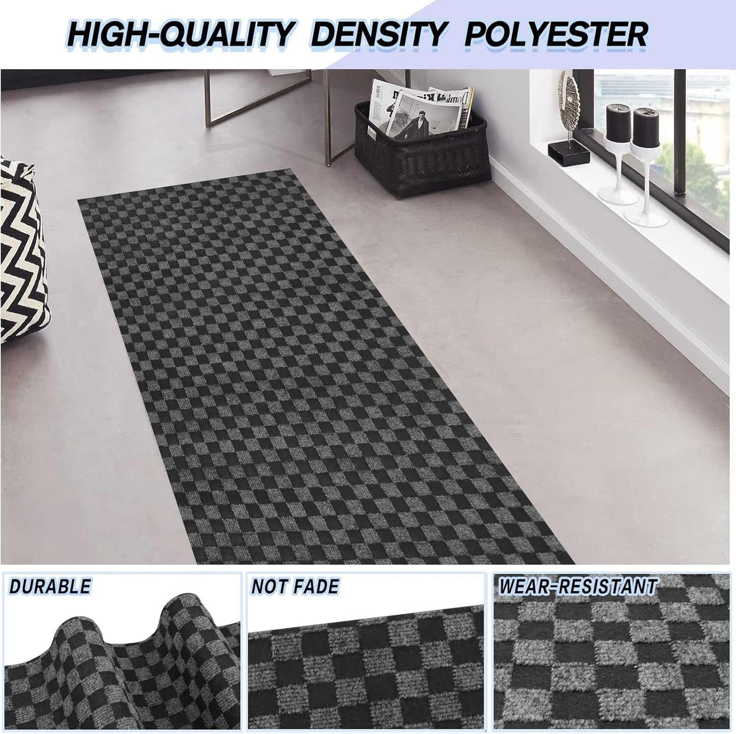 Custom Size Backed Non-Slip Area Rugs Runner, Easy Clean, Waterproof Runner Rugs for Hallway Entryway, Kitchen, Laundry, 3FT x 37FT, Gray Checkered