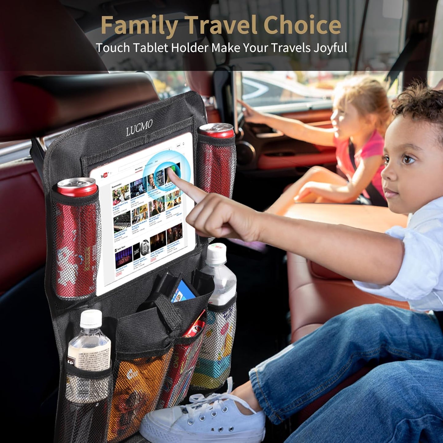 LUCMO Car Backseat Organizer with Touch Screen Tablet Holder-2 Pcs,9 Storage Pockets Car Storage Organizer, Protectors Kick Mats Travel Accessories for Kids-Black