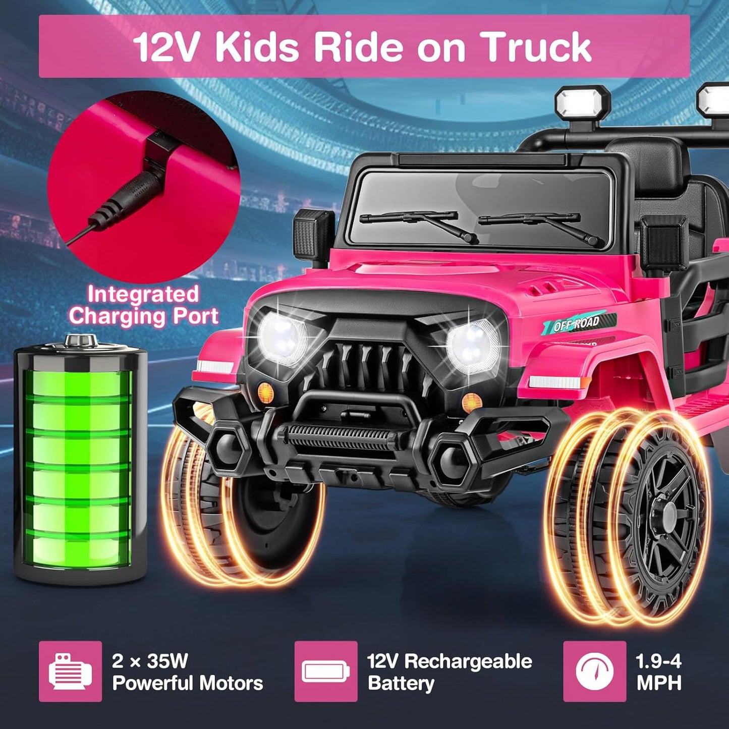 Costzon 12V Kids Ride on Truck Car, Electric Vehicle w/Remote Control, Threaded Wheels, 3 Speeds, LED Lights, Music, Horn & Wireless Connection, Battery Powered Ride on Toy for Boys & Girls 3+ (Pink)