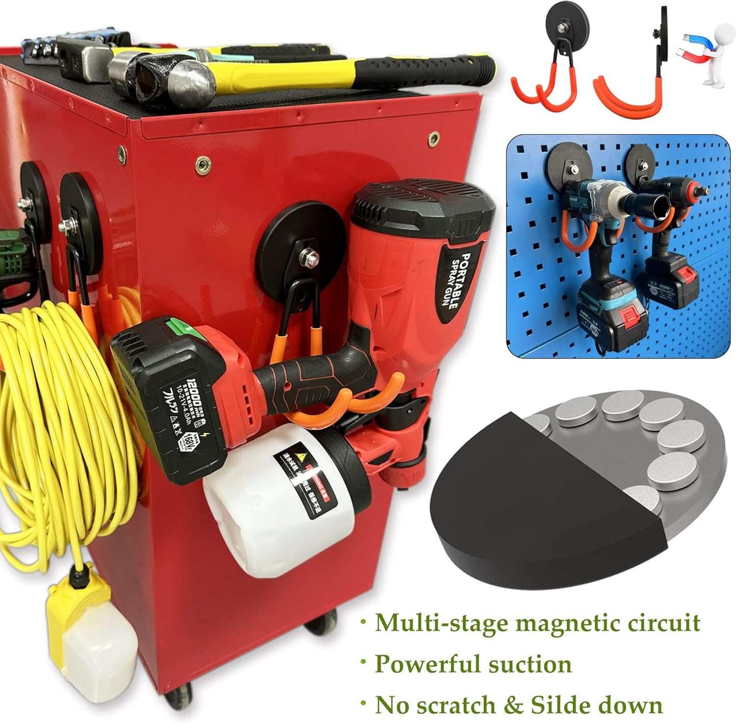 ULIBERMAGNET Strong Magnetic Hooks,2 Pack Heavy Duty Large Magnetic Hooks for Extension Cord, Cable, Hose, Power Cord,Rope,Drill,Jig Saw,Circular Saw,Garden Lawn Tools (Orange/3.46inch)