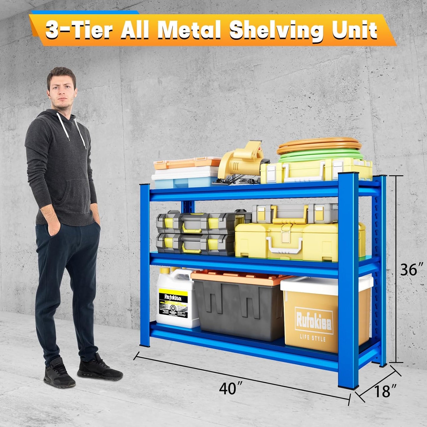 40" W Garage Shelving Heavy Duty，1500LBS Loads Adjustable Garage Storage Shelves,3-Tier Metal Storage Racks and Shelving Units, Utility Rack Shelves,40”W x 18”D x 36”H,Blue
