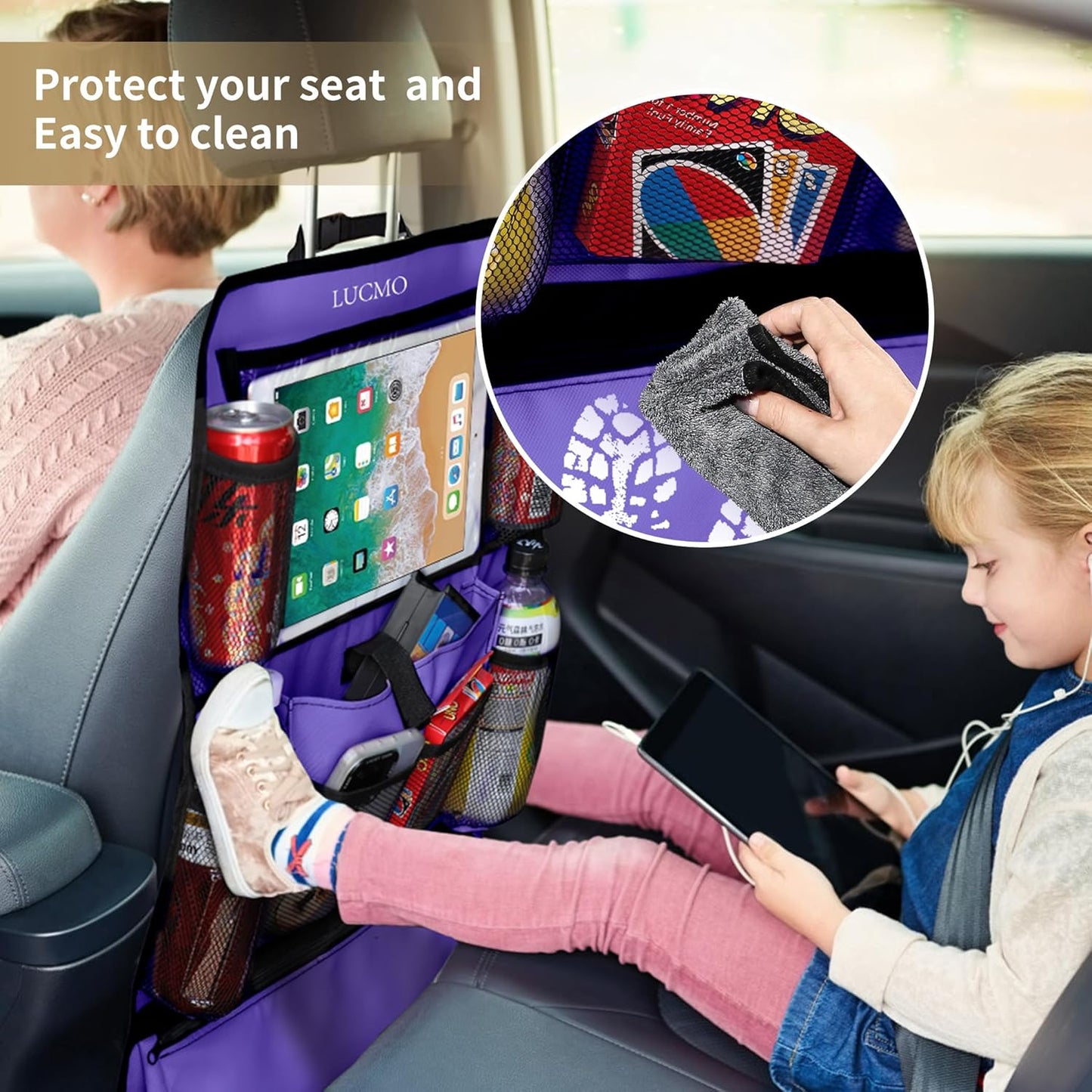 LUCMO Car Backseat Organizer with Touch Screen Tablet Holder-2 Pcs,9 Storage Pockets Car Storage Organizer Protectors Kick Mats Travel Accessories for Kids-Purple