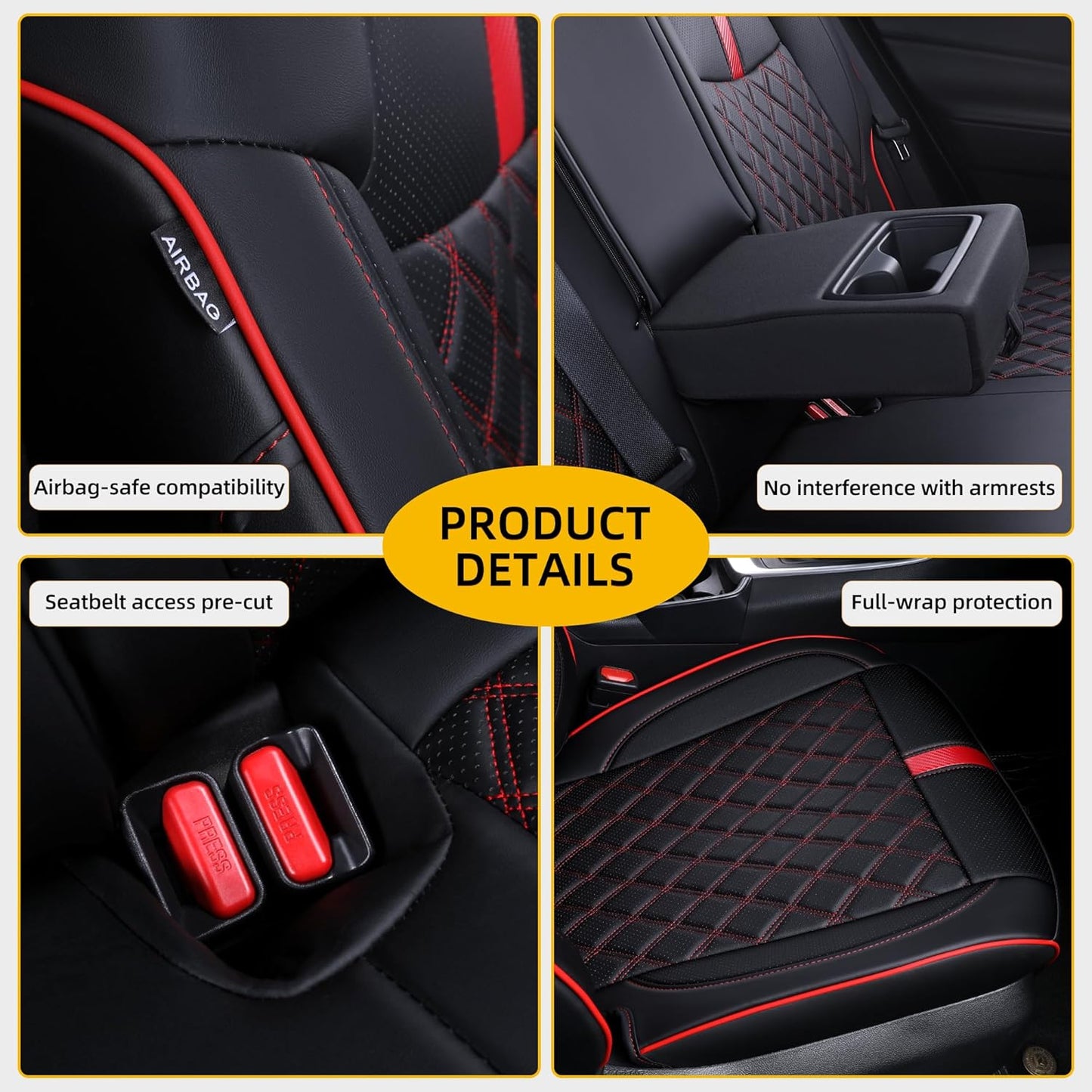 Custom Fit RAV4 Seat Covers for 2019-2025 Toyota RAV4 LE,XLE,XLE Premium,Limited Full Coverage Waterproof Leather Car Seat Covers Full Set (Black with Red Trim)