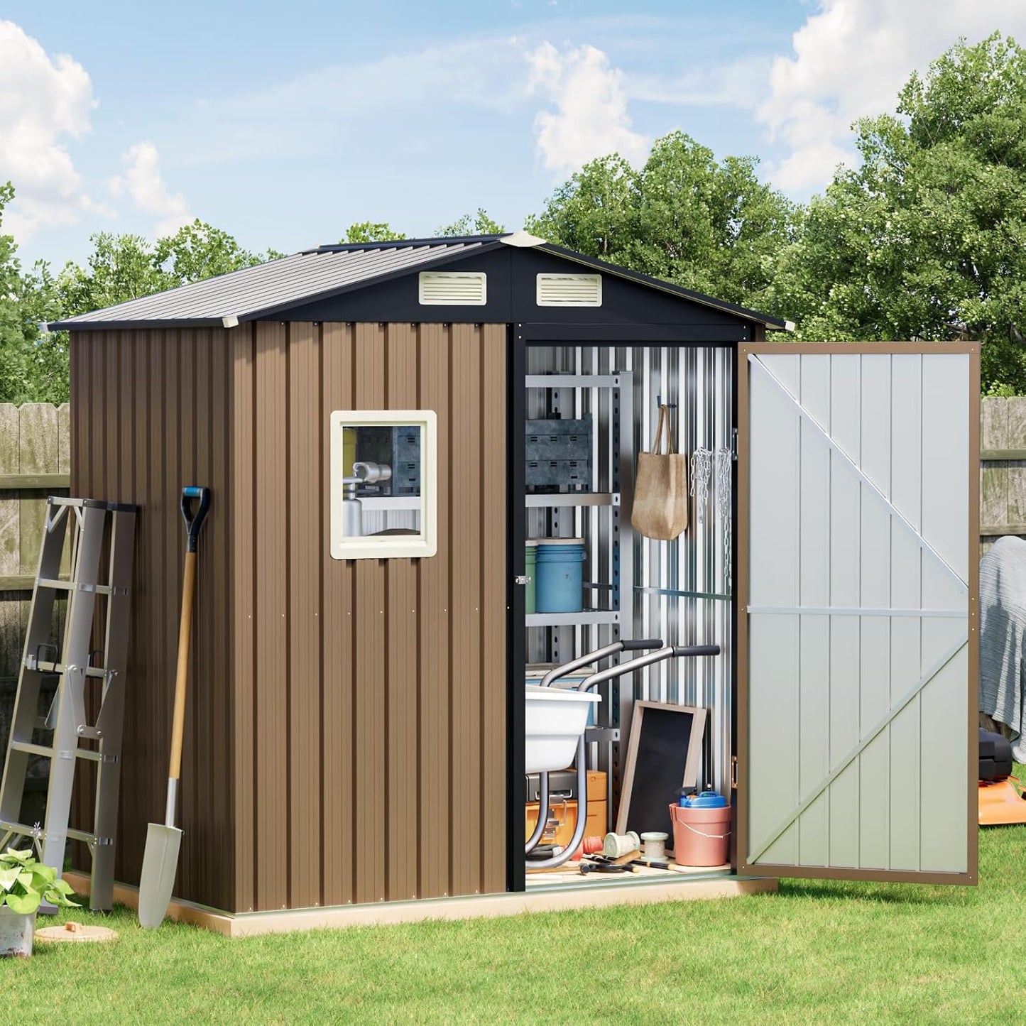 Breezz 6x4FT Outdoor Steel Storage Shed, Lockable Doors, Compact Metal Tool Shed for Garden, Backyard, Patio, Utility, and Bike Storage,Brown