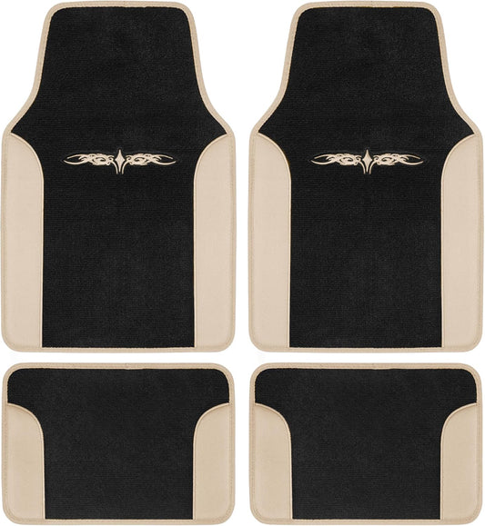 BDK carXS Fresh Two-Tone Carpet Floor Mats, Tribal Tattoo Design with Vinyl Trim for Car Sedan Truck SUV, Front & Rear Set of 4, Beige