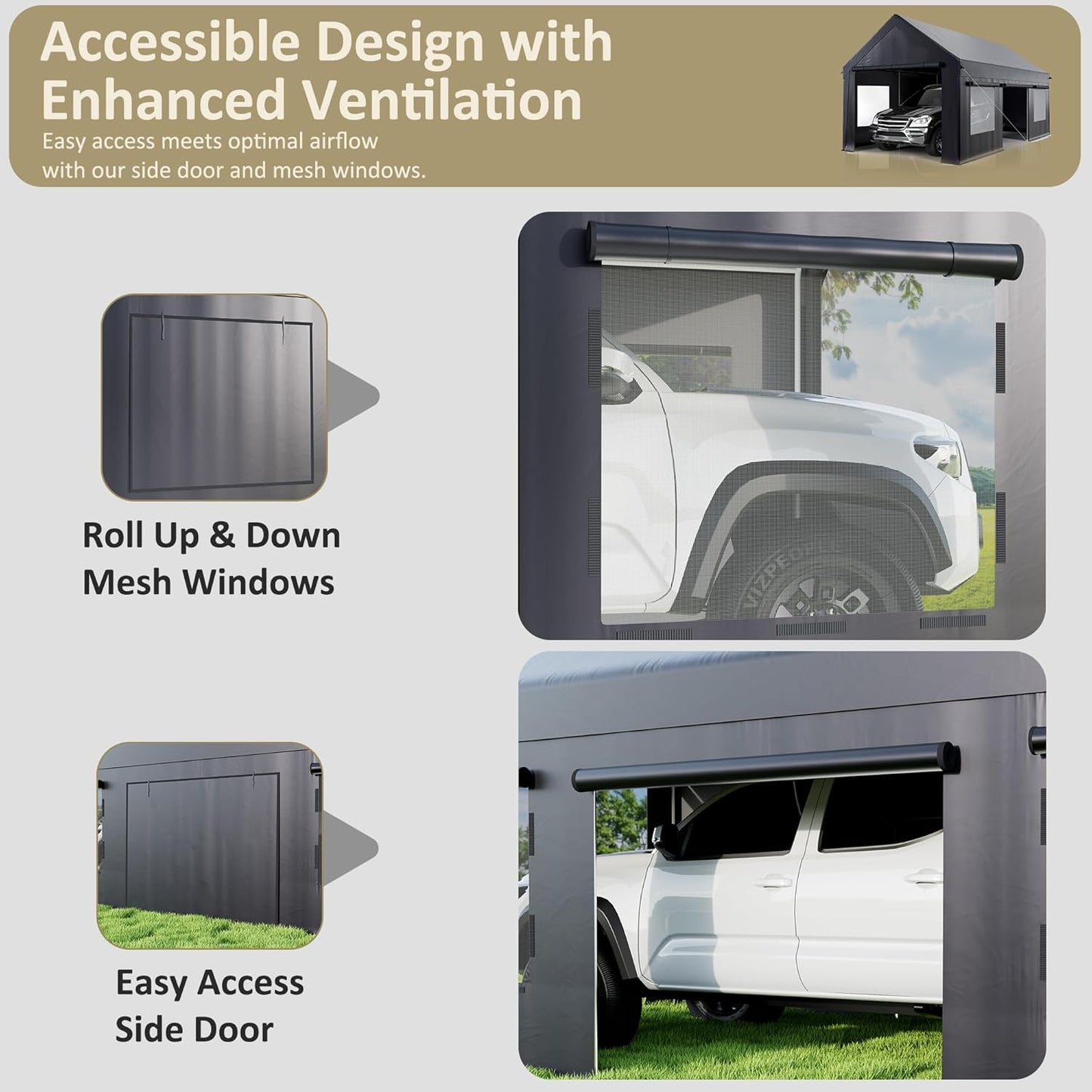 Carport 12' x 20' Heavy Duty Portable Garage, Carport Canopy with Side-Opening Door & Roll-Up Windows, Car Canopy Reinforced Four-Hole Base for Car, Truck, Boat, Party, Black