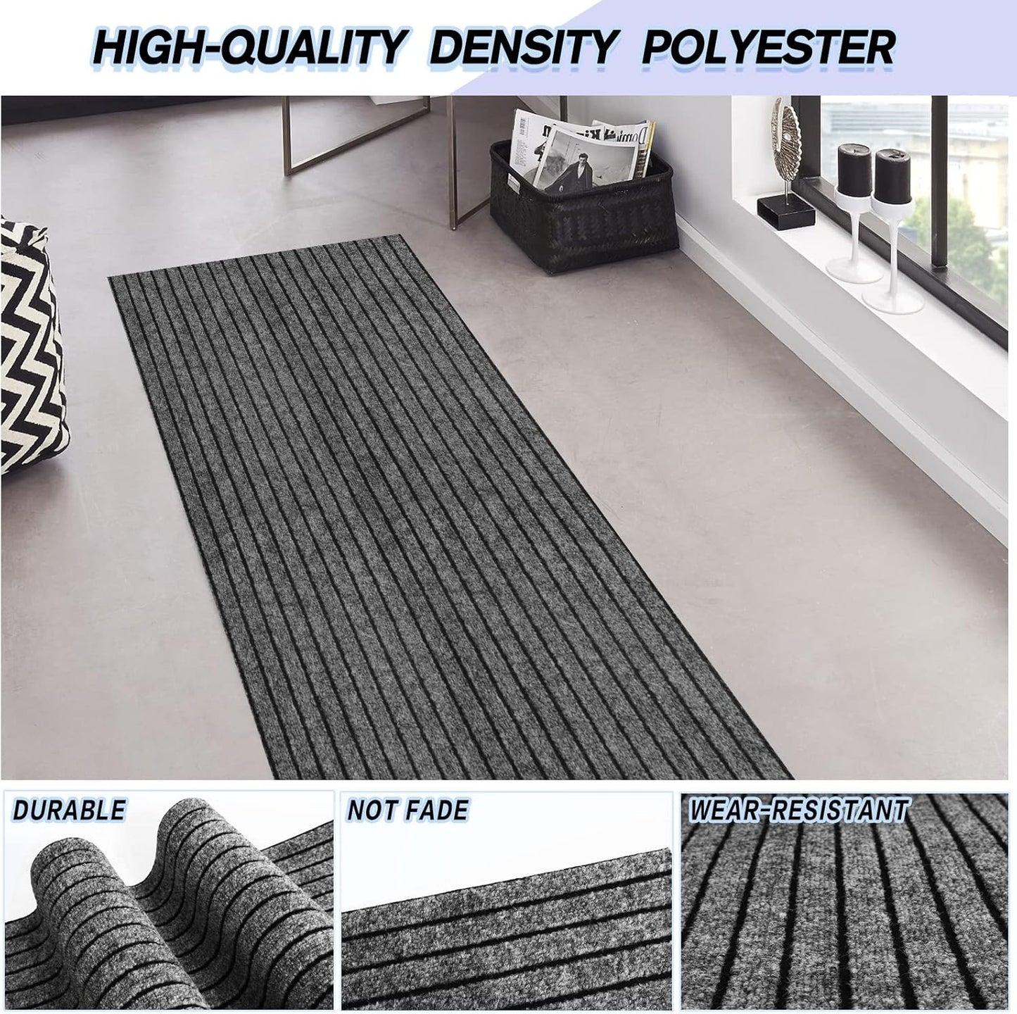 Custom Size Backed Non-Slip Area Rugs Runner, Easy Clean, Waterproof Runner Rugs for Hallway Entryway, Kitchen, Laundry, 2FT x 61FT, Gray Stripe