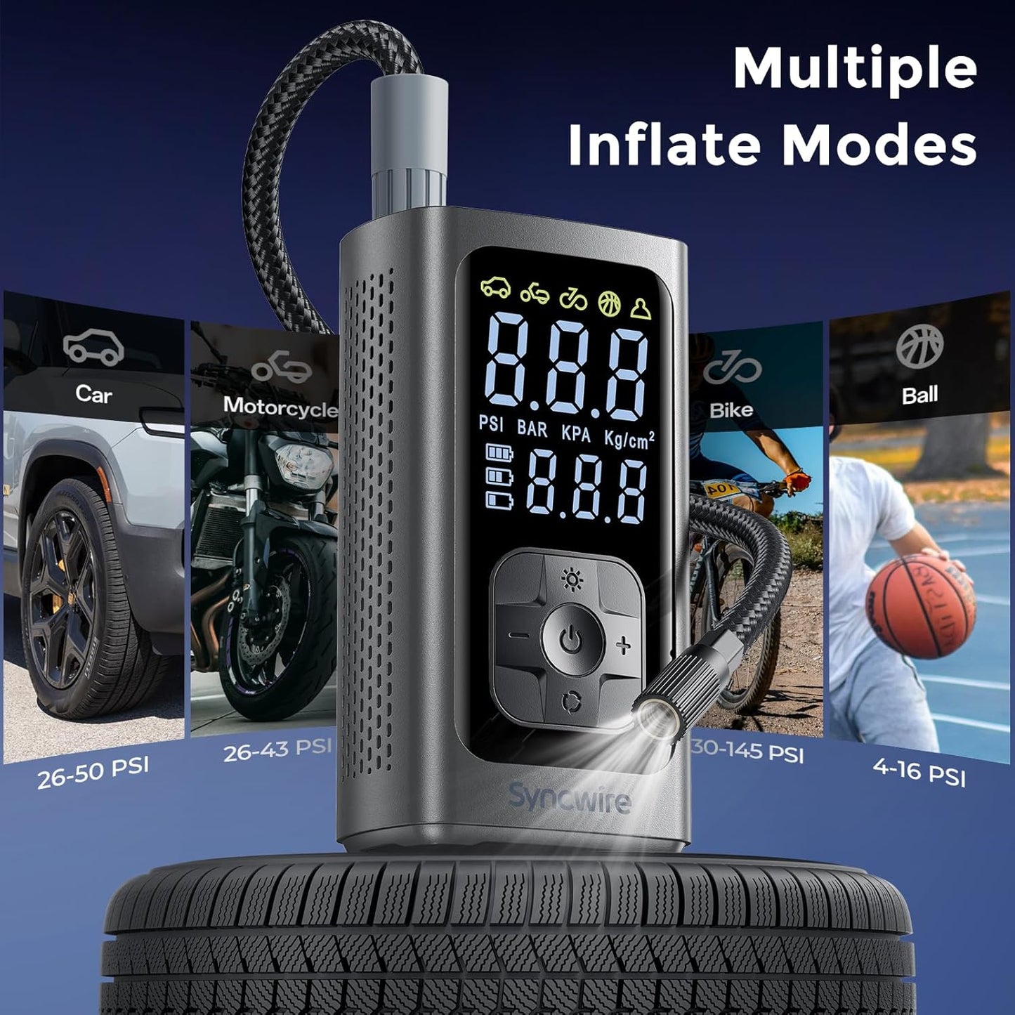 Syncwire Tire Inflator Portable Air Compressor - 150PSI 2X Faster Inflation Smart Air Pump for Car Tires [Extra-Large LCD] with Digital Pressure Gauge, Auto Shut-Off for Car, Motorcycle, Bike & Balls