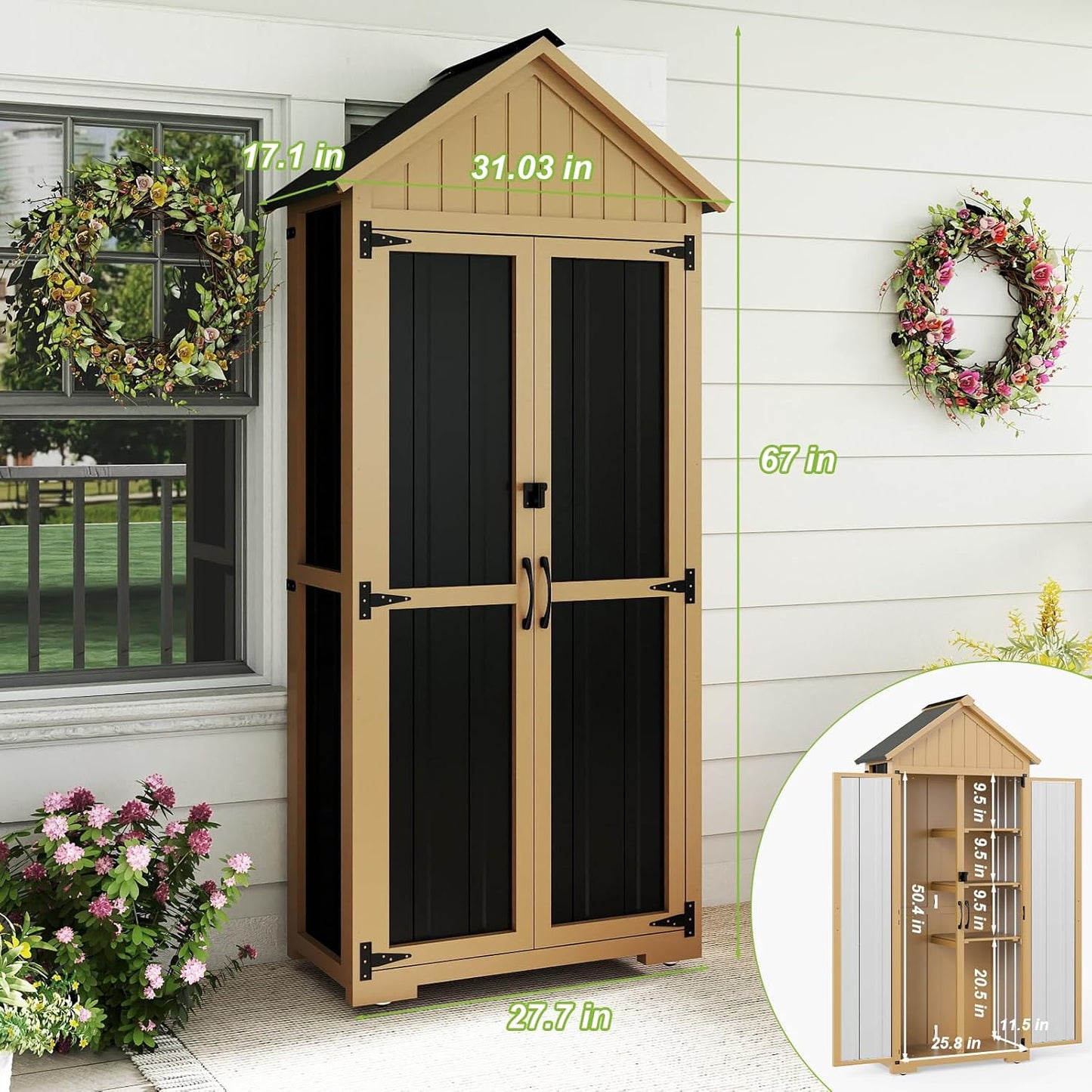 Outdoor Storage Cabinet with Shelf, Wood & Metal Storage Shed with Lockable Doors & Sloping Roof, Outdoor Cabinets Weatherproof for Patio Backyard, Garden Shed Tool Shed and Accessories, Brown