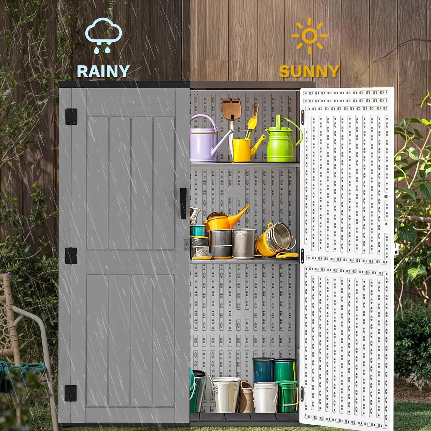 DWVO 59 Cu. Ft. Vertical Storage Shed, Weatherproof Outdoor Tall Cabinet with Double-Wall Panels and Floor, Lockable Resin Shed for Garden, Garage, Patio, Light Gray (Shelves Not Included)
