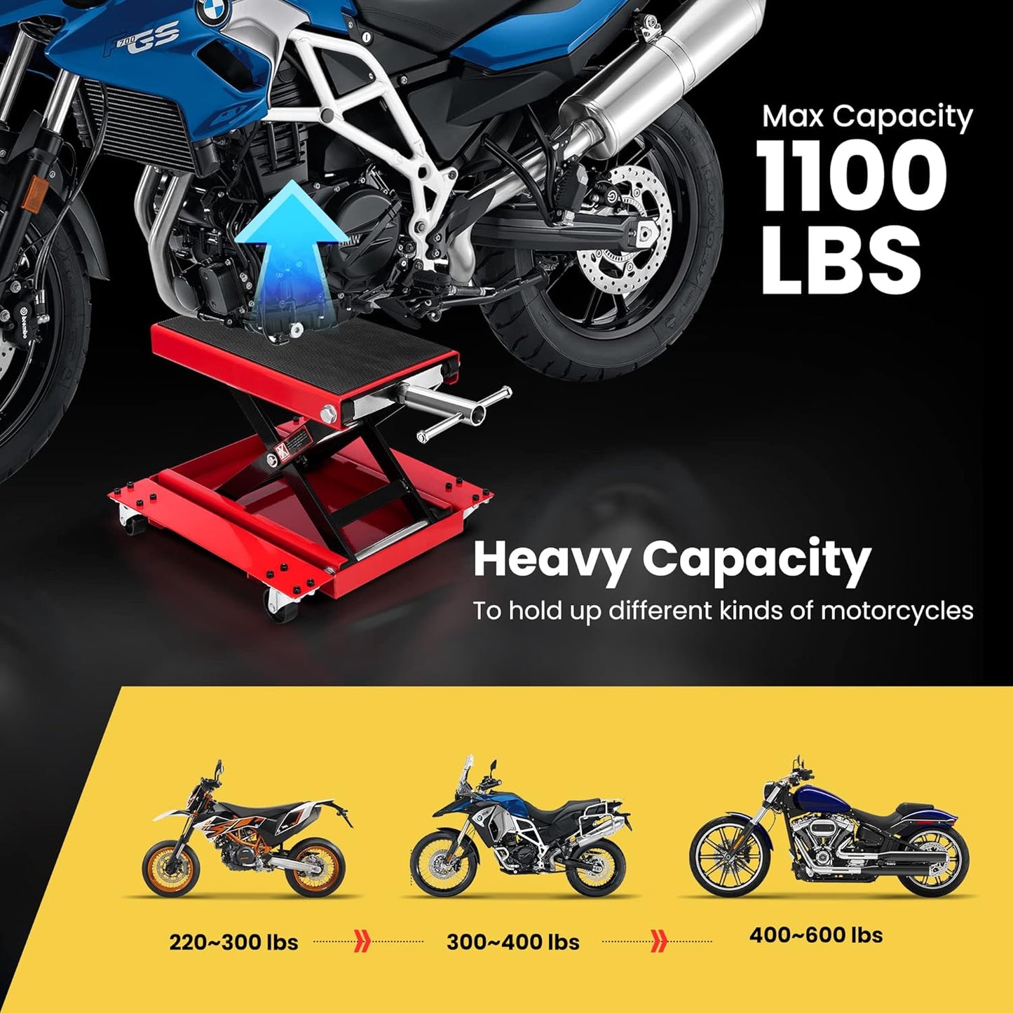 VIVOHOME 1100 Lbs Steel Wide Deck Motorcycle Lift ATV Scissor Lift Jack with Dolly and Hand Crank Bikes Garage Repair Hoist Stand Red