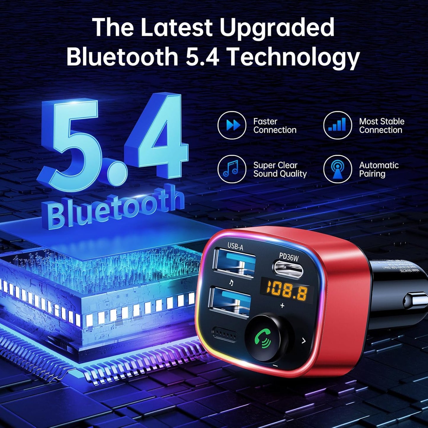 Syncwire Bluetooth 5.3 FM Transmitter Car Adapter 48W (PD 36W & 12W) [Light Switch] [Hi-Fi Deep Bass] [Fast Charge] Wireless Radio Music Adapter LED Display Hands-Free Calling Support USB Drive, Red