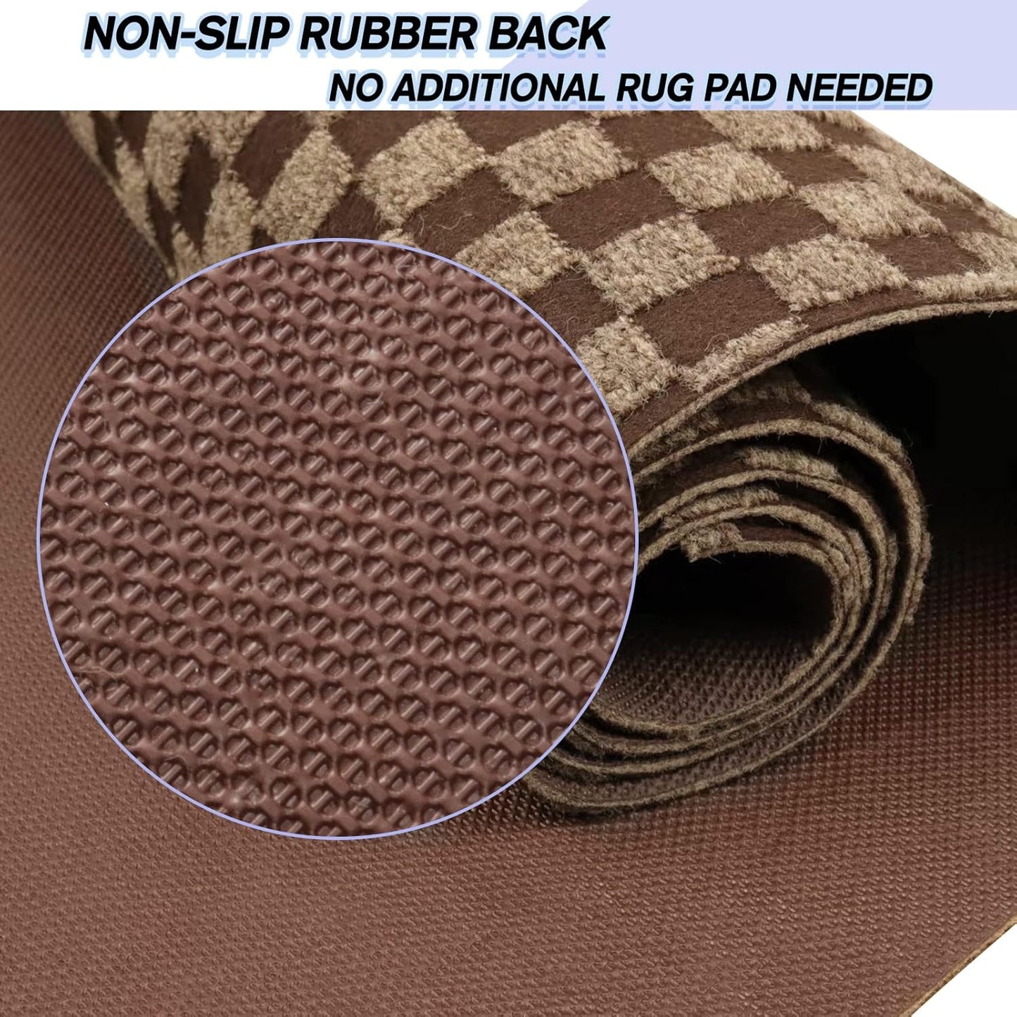 Custom Size Backed Non-Slip Area Rugs Runner, Easy Clean, Waterproof Runner Rugs for Hallway Entryway, Kitchen, Laundry, 4FT x 32FT, Brown Checkered