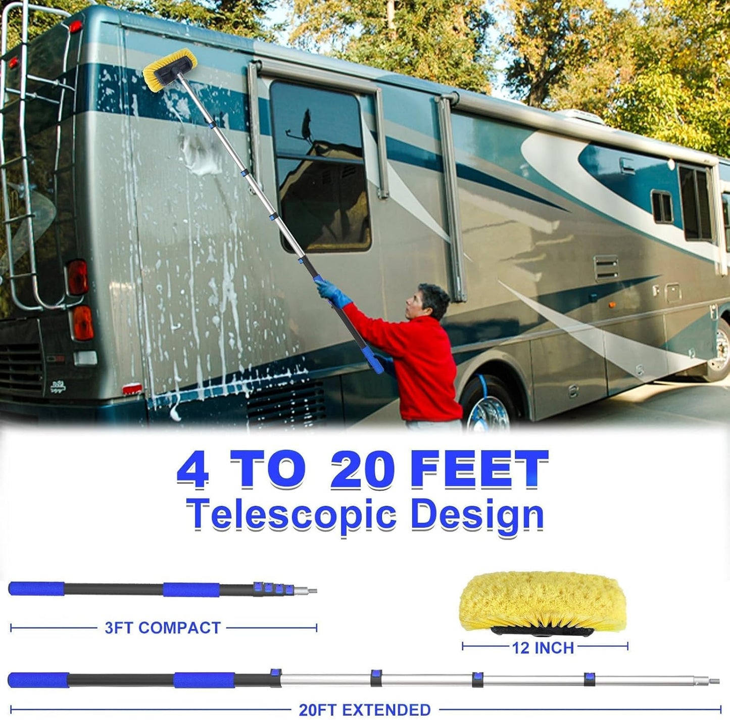 Buyplus Car Wash Brush with 20FT Long Handle, Car Brushes for Washing 12-Inch Soft Bristles with Aluminium Telescoping Pole for Scratch-Free Cleaning RV, House Siding, Floors, Solar Panels,Blue