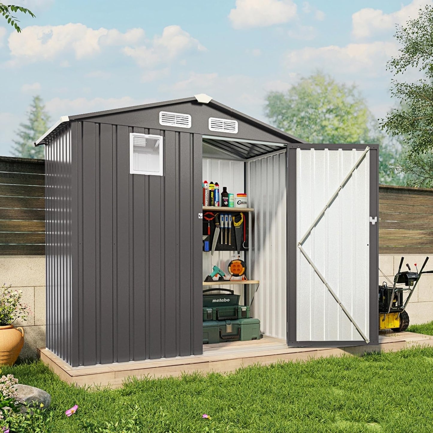 6x3.6FT Outdoor Storage Shed, Galvanized Steel Garden Shed with Lockable Door & Window, Waterproof Metal Tool Storage for Garden, Backyard, Patio, Lawn(Peak Roof)