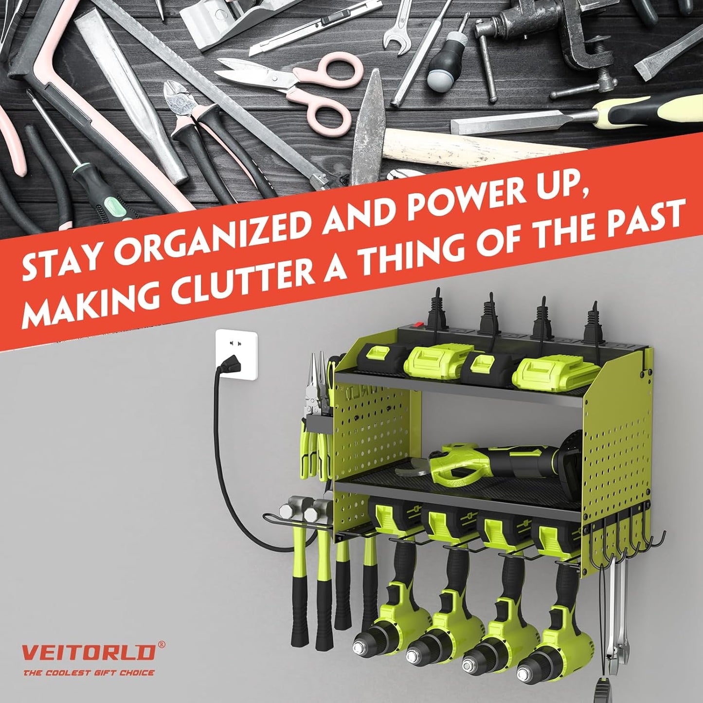 Veitorld Power Tool Organizer with Charging Station, Heavy Duty Modular Wall Mount Rack for Garage - 4 Drill Holders, Tool Storage Organizer, Christmas Birthday Gifts for Men Him Dad Husband