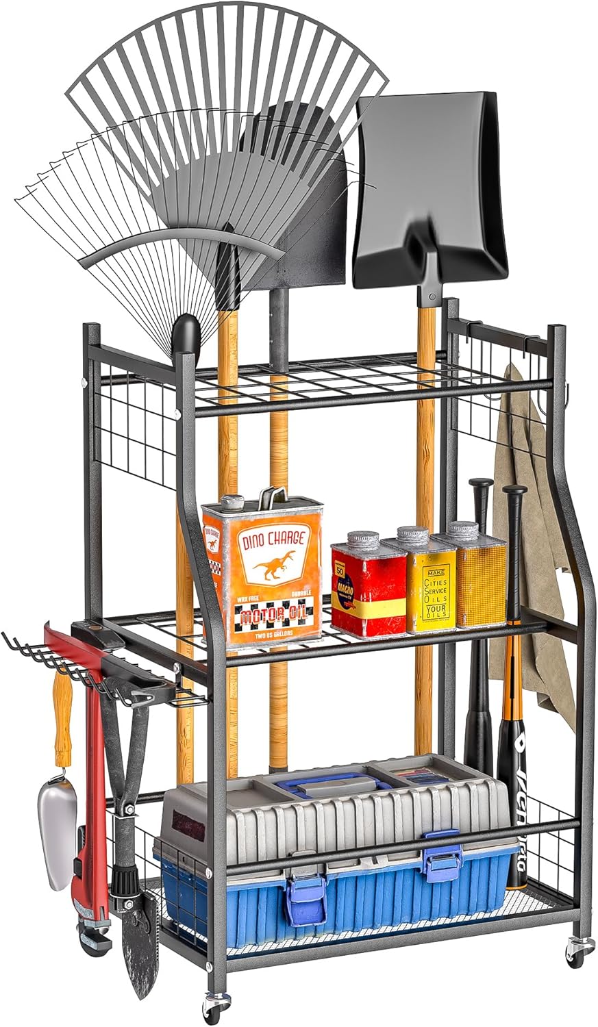 Ultrawall Garden Tool Organizer, Yard Tool Storage Stand for Garage with Lockable Wheels, Shed Tool Storage for Rake, Brooms, Indoor & Outdoor Use